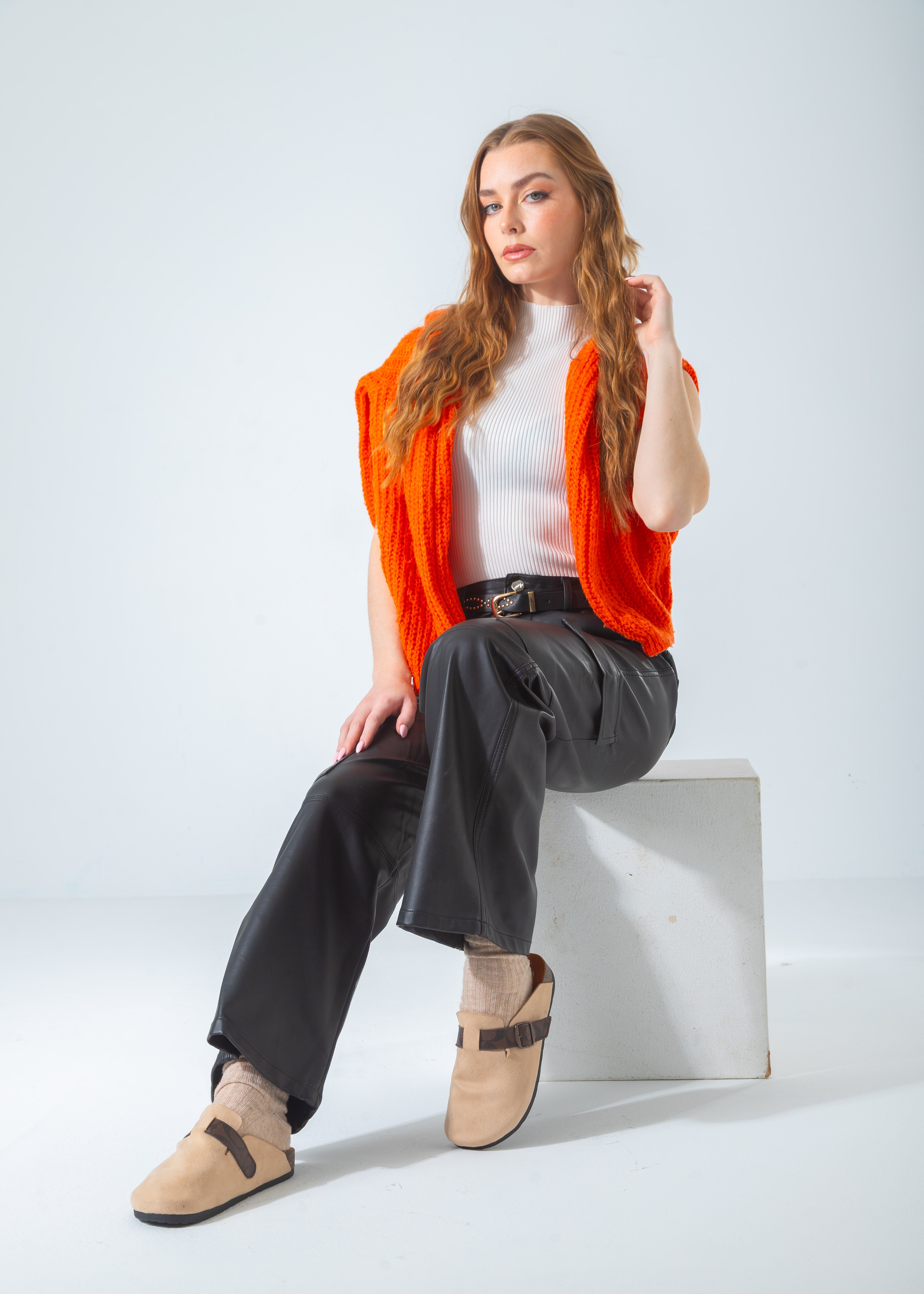 Suede Clog with Monogram Buckle Strap-brown