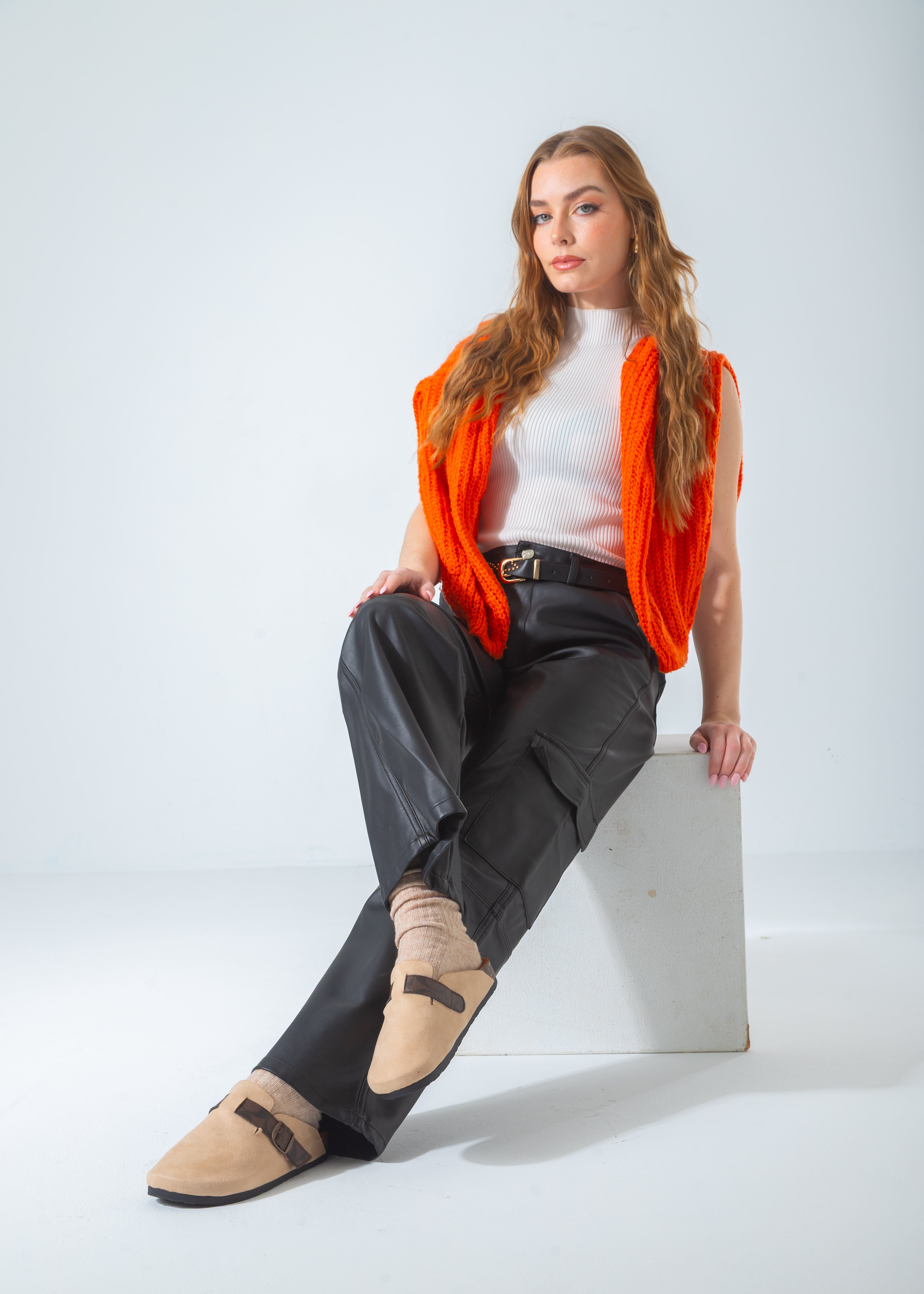 Suede Clog with Monogram Buckle Strap-brown