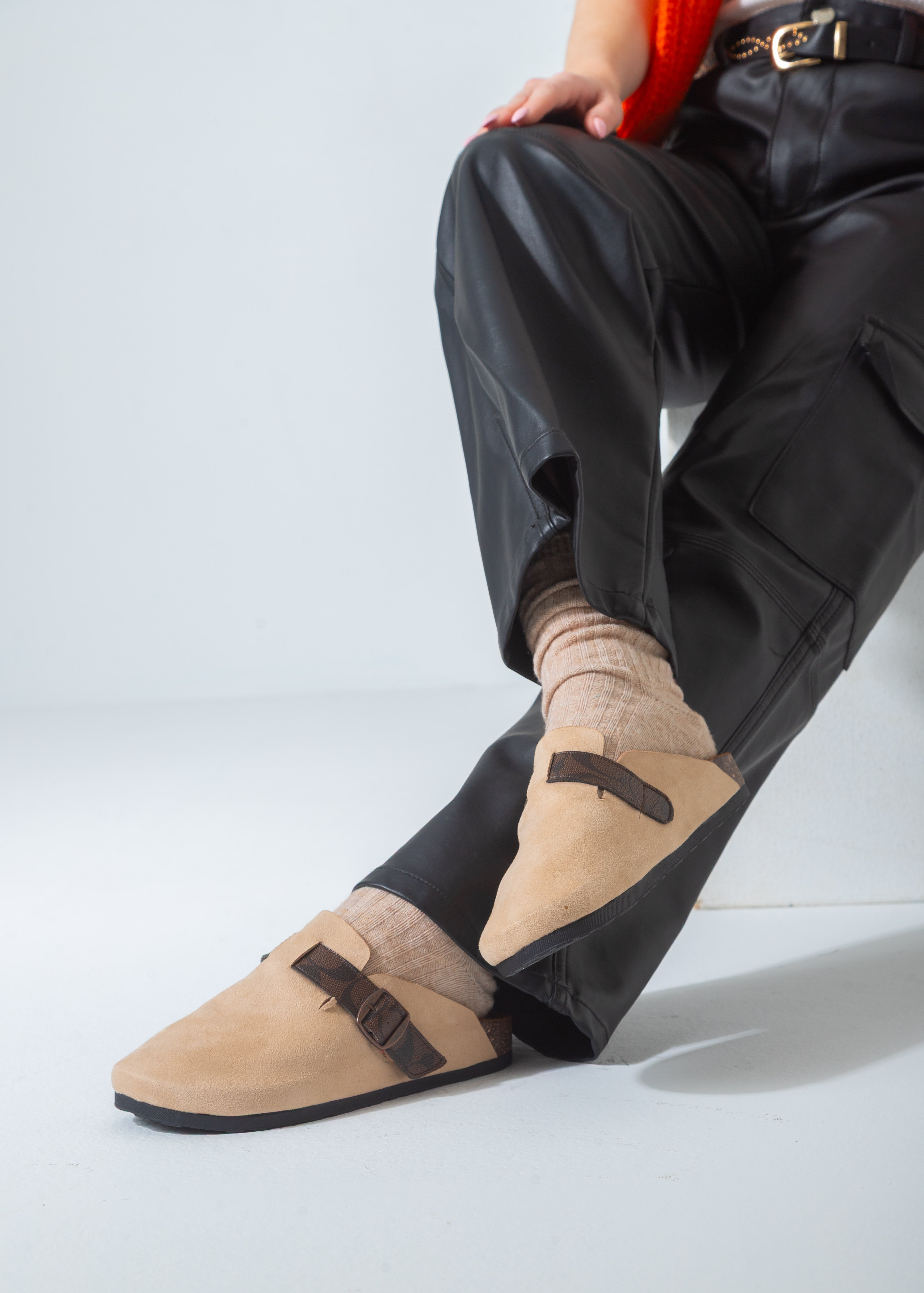 Suede Clog with Monogram Buckle Strap-brown