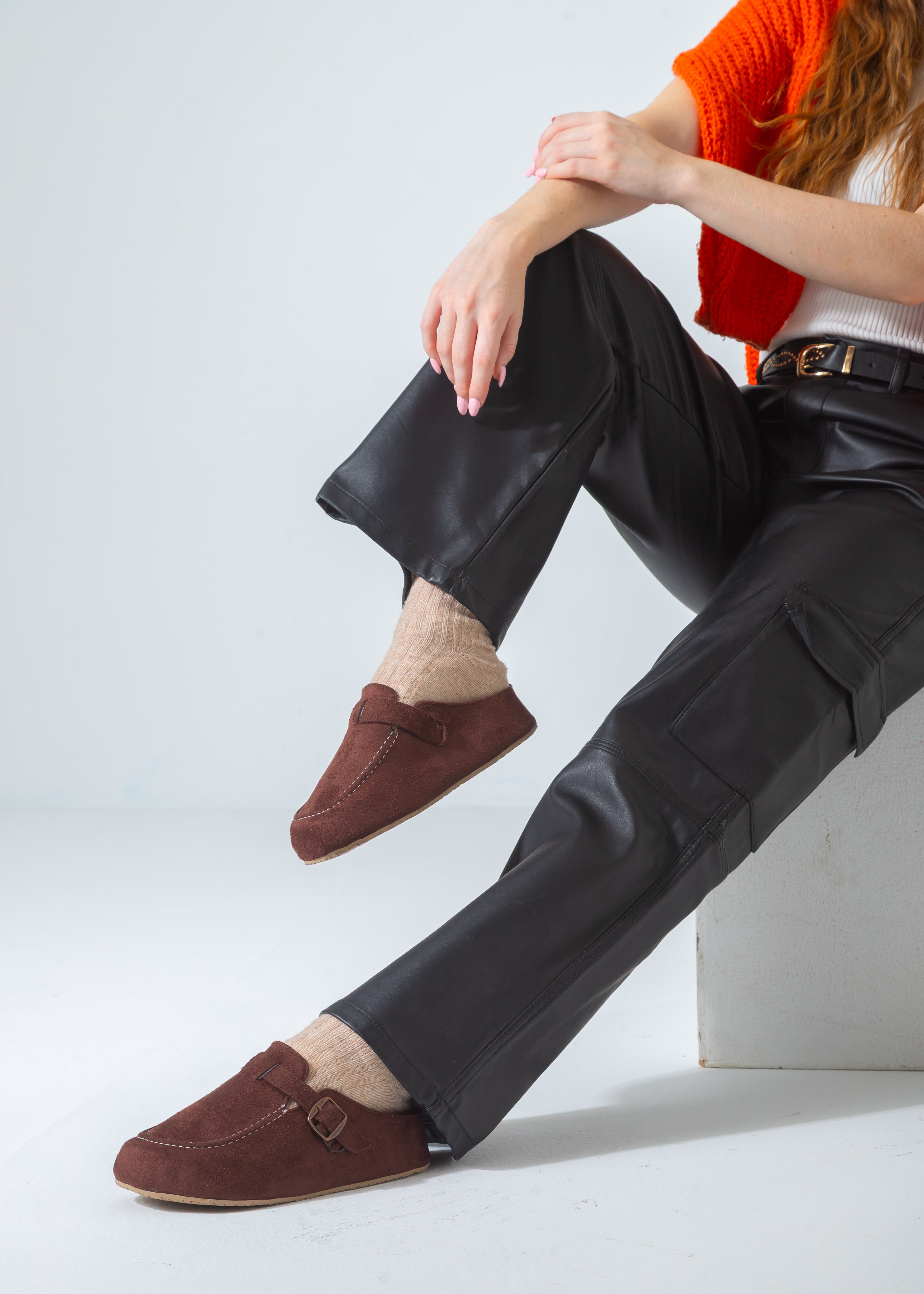 Suede Moc Toe Buckle Clog-brown