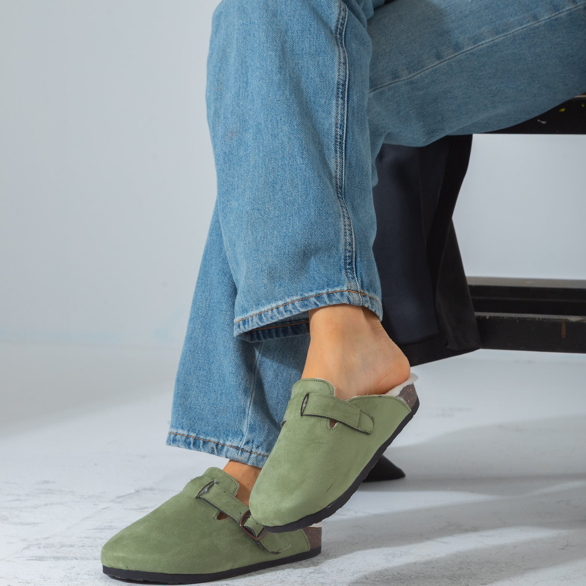 Suede Buckle Cork Footbed Clog-green