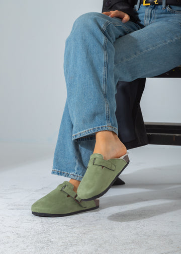Suede Buckle Cork Footbed Clog-green