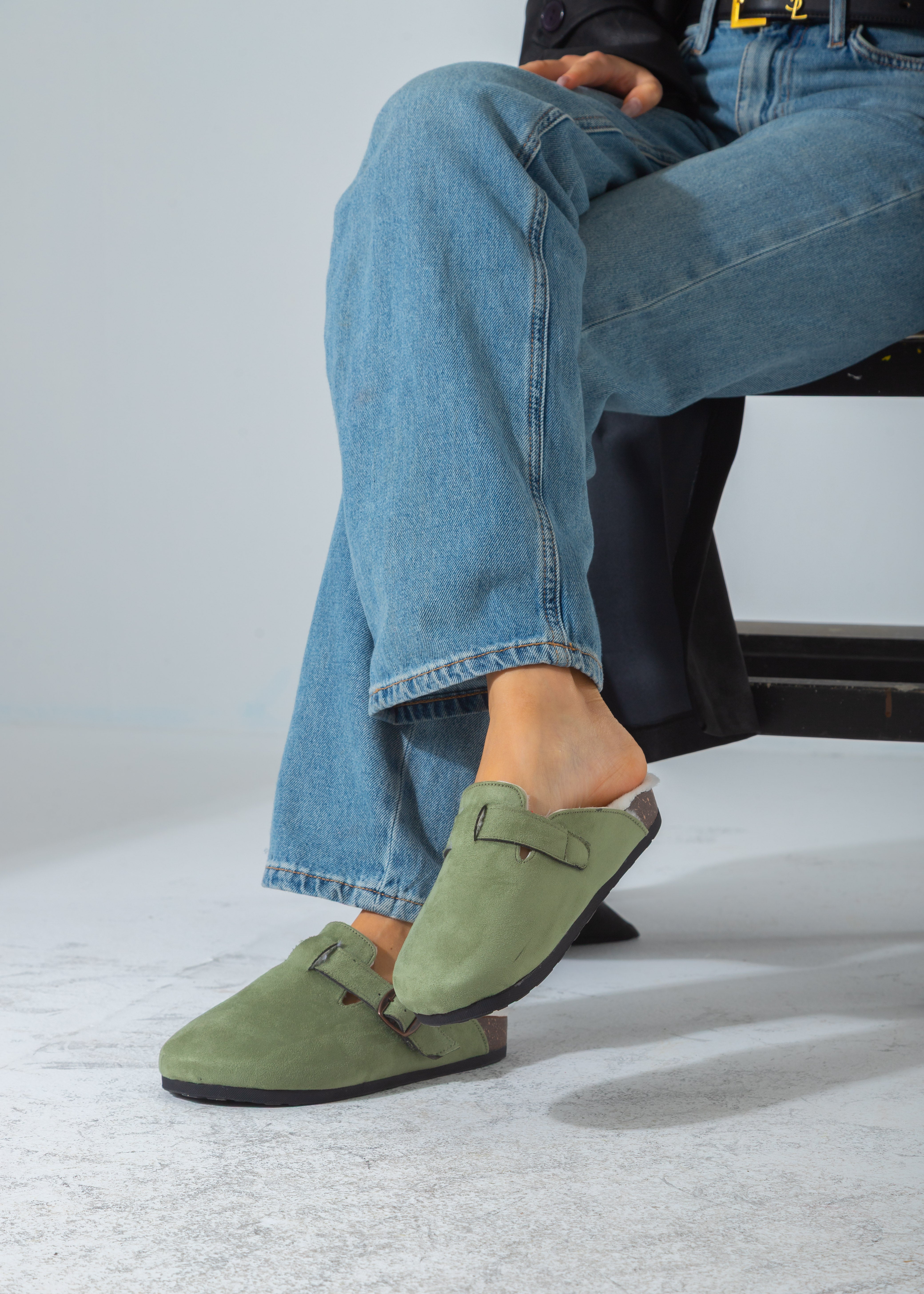 Suede Buckle Cork Footbed Clog-green
