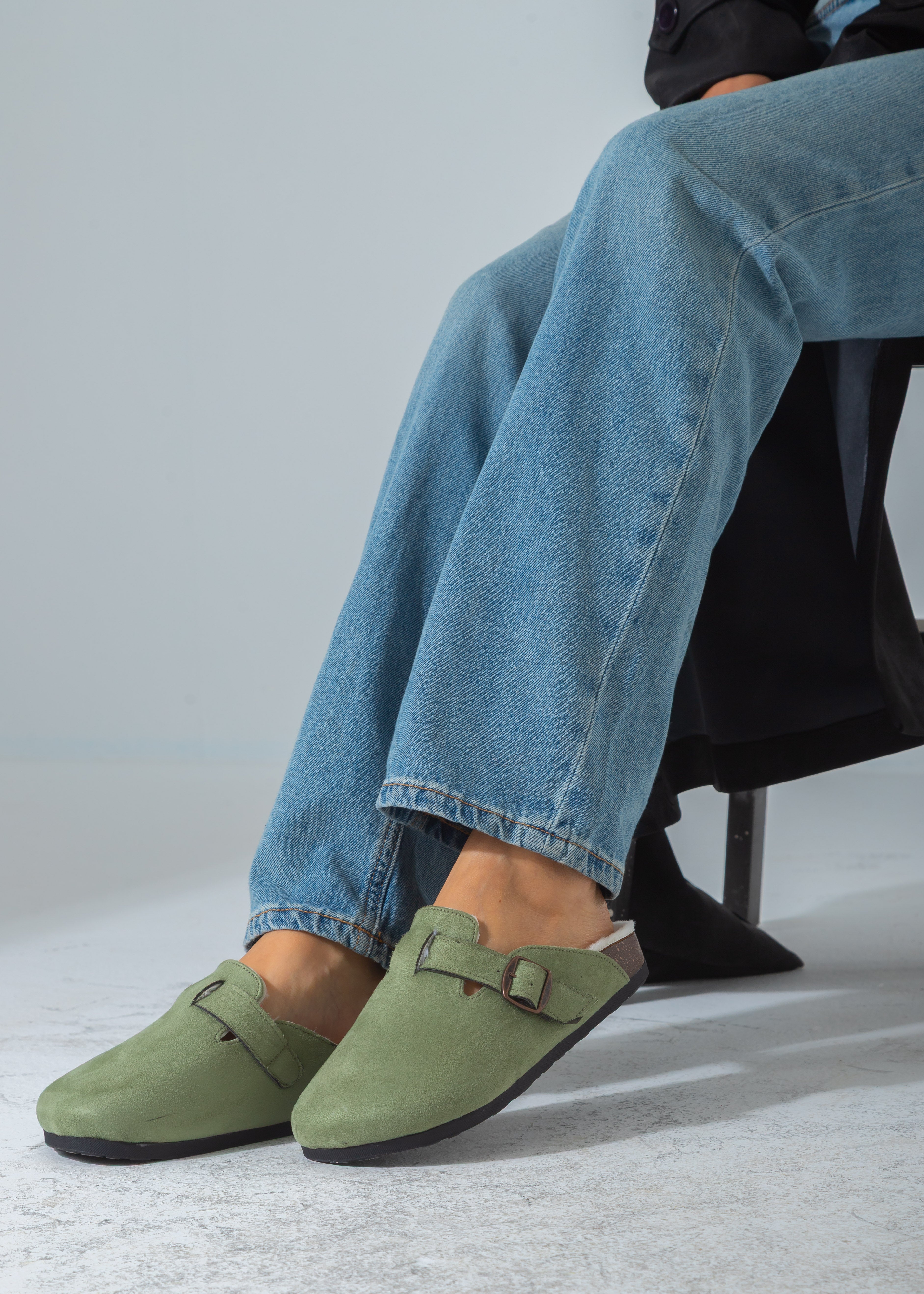 Suede Buckle Cork Footbed Clog-green