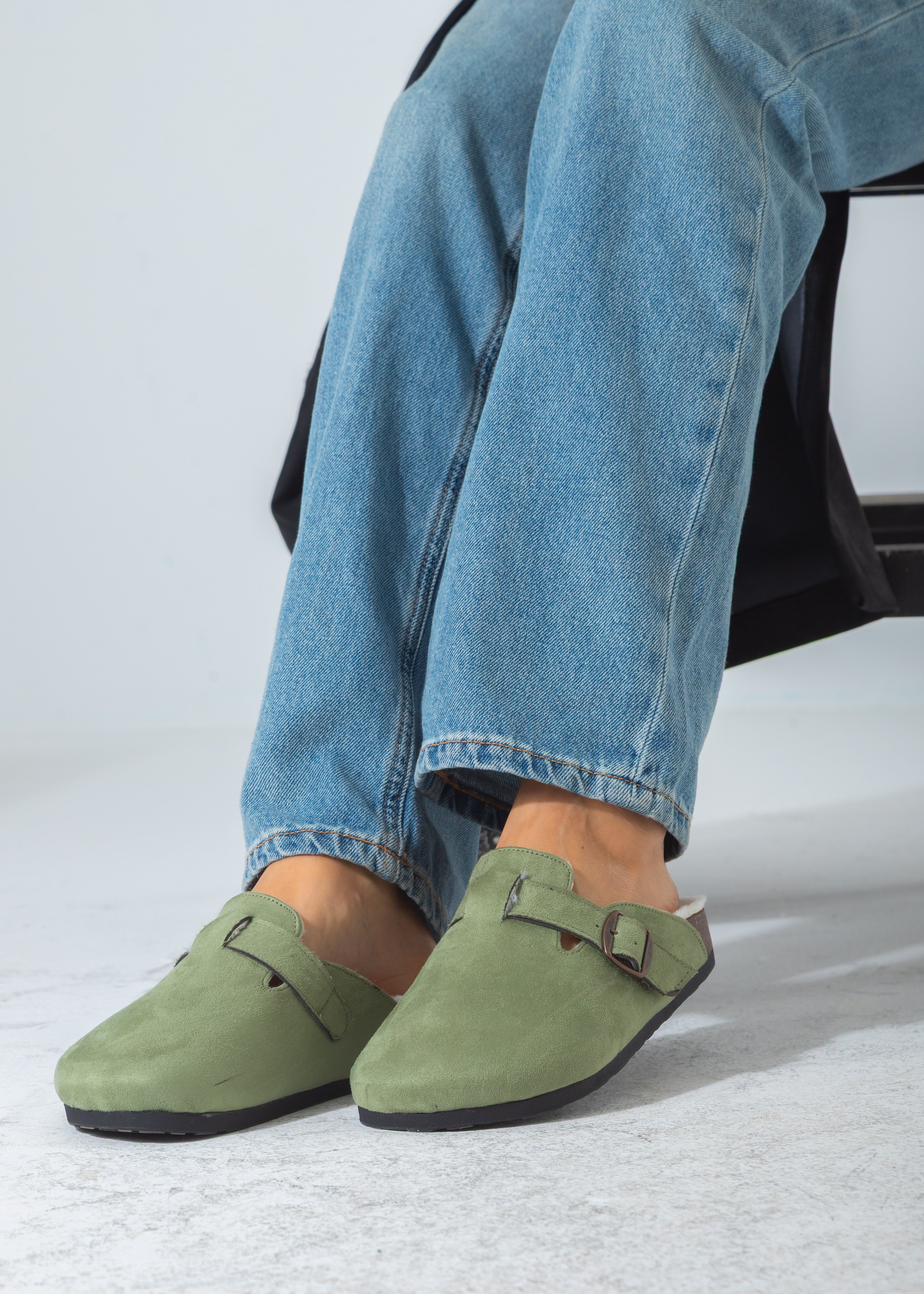 Suede Buckle Cork Footbed Clog-green