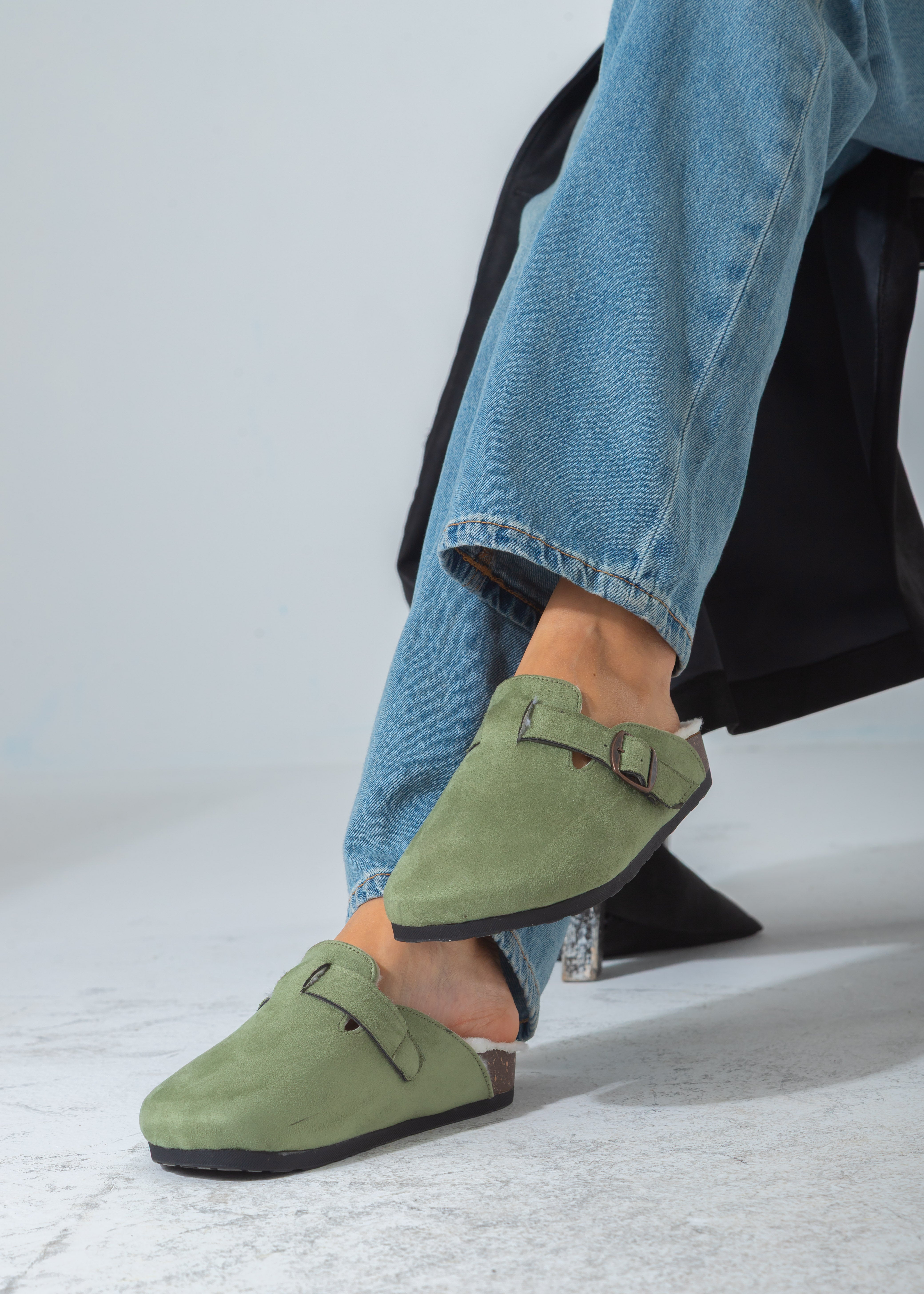 Suede Buckle Cork Footbed Clog-green