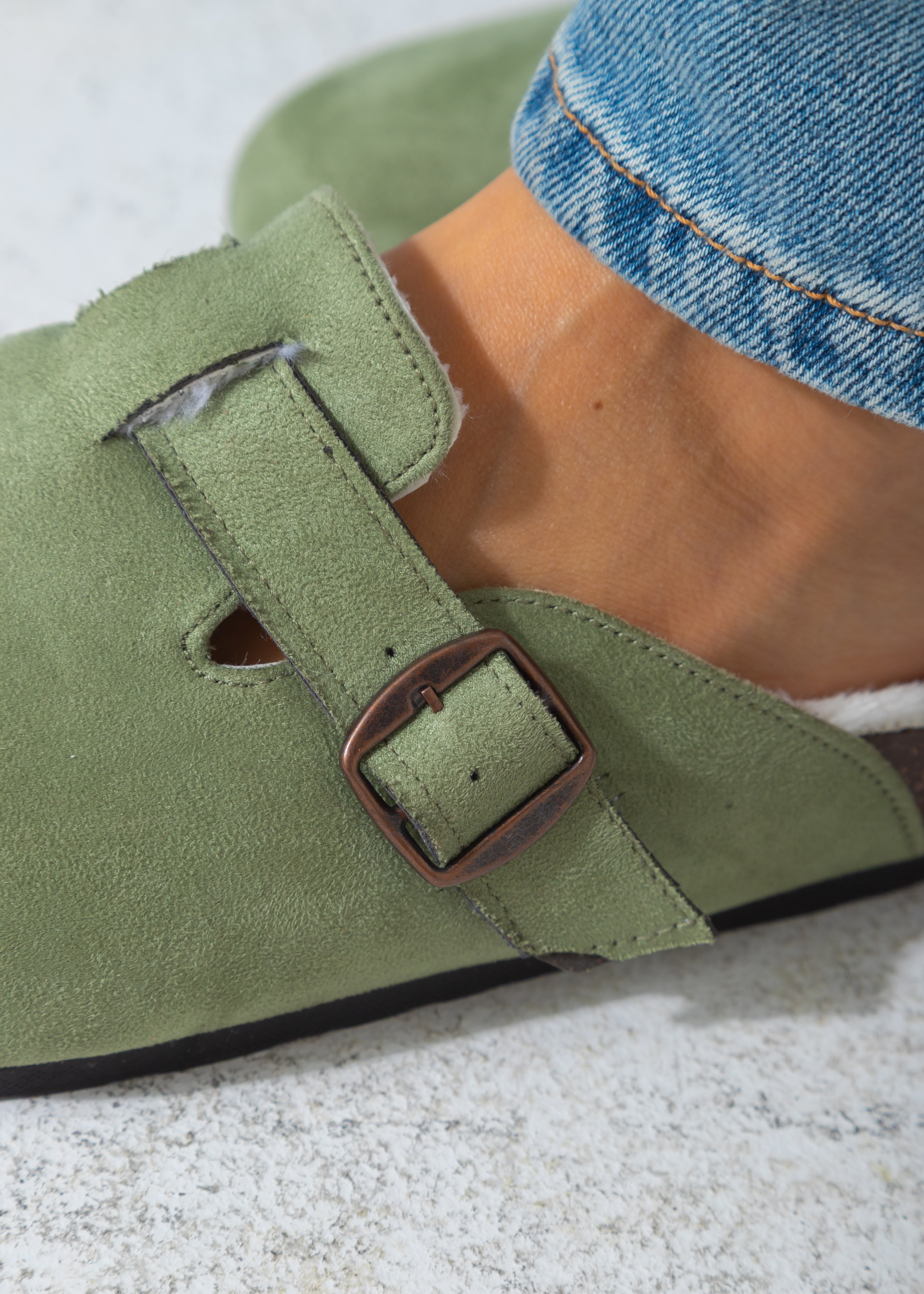 Suede Buckle Cork Footbed Clog-green