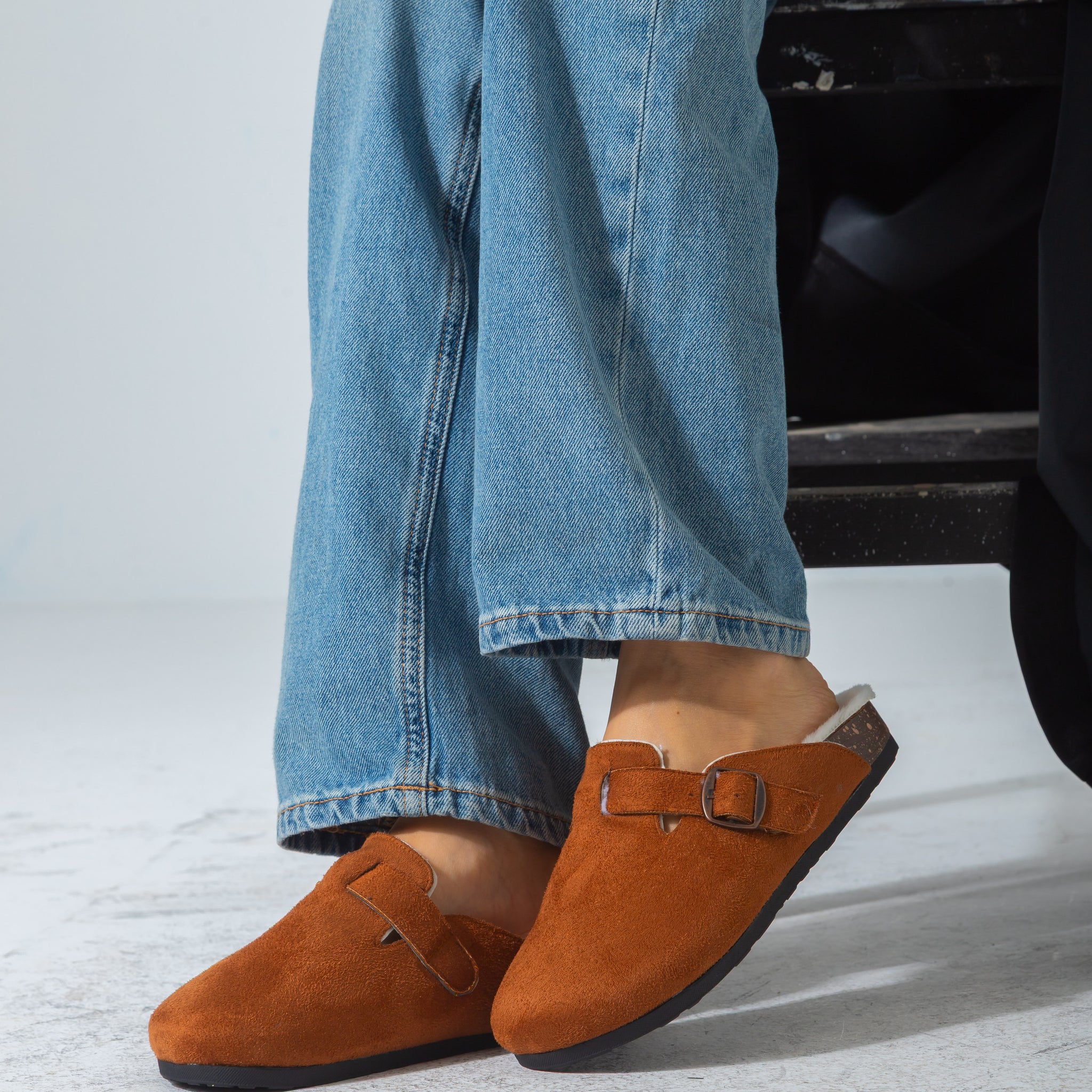 Suede Buckle Cork Footbed Clog-camel