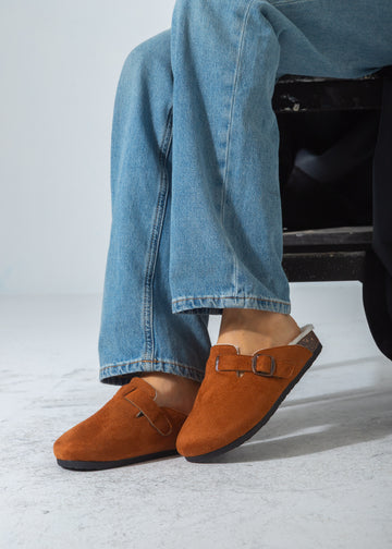 Suede Buckle Cork Footbed Clog-camel