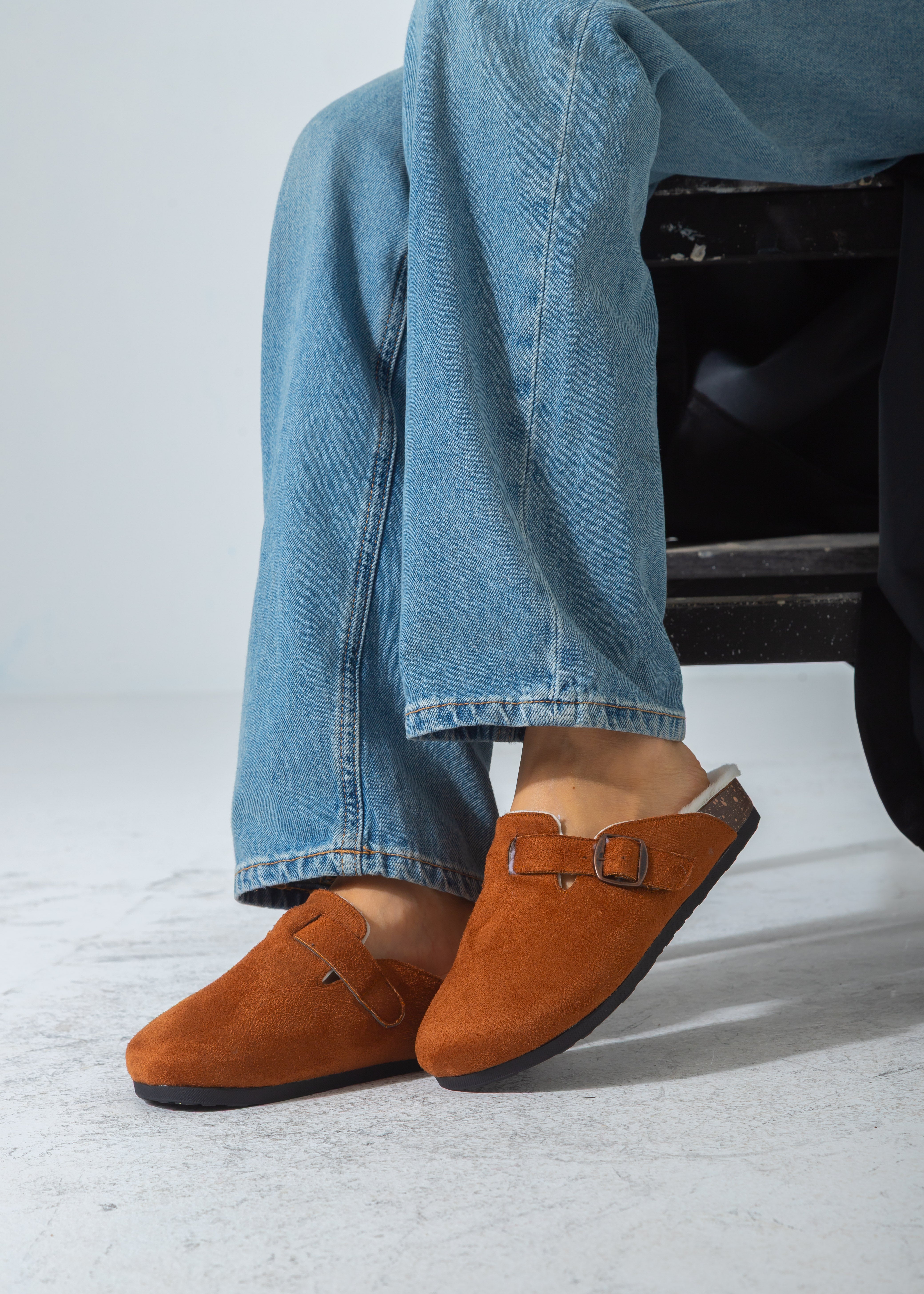 Suede Buckle Cork Footbed Clog-camel