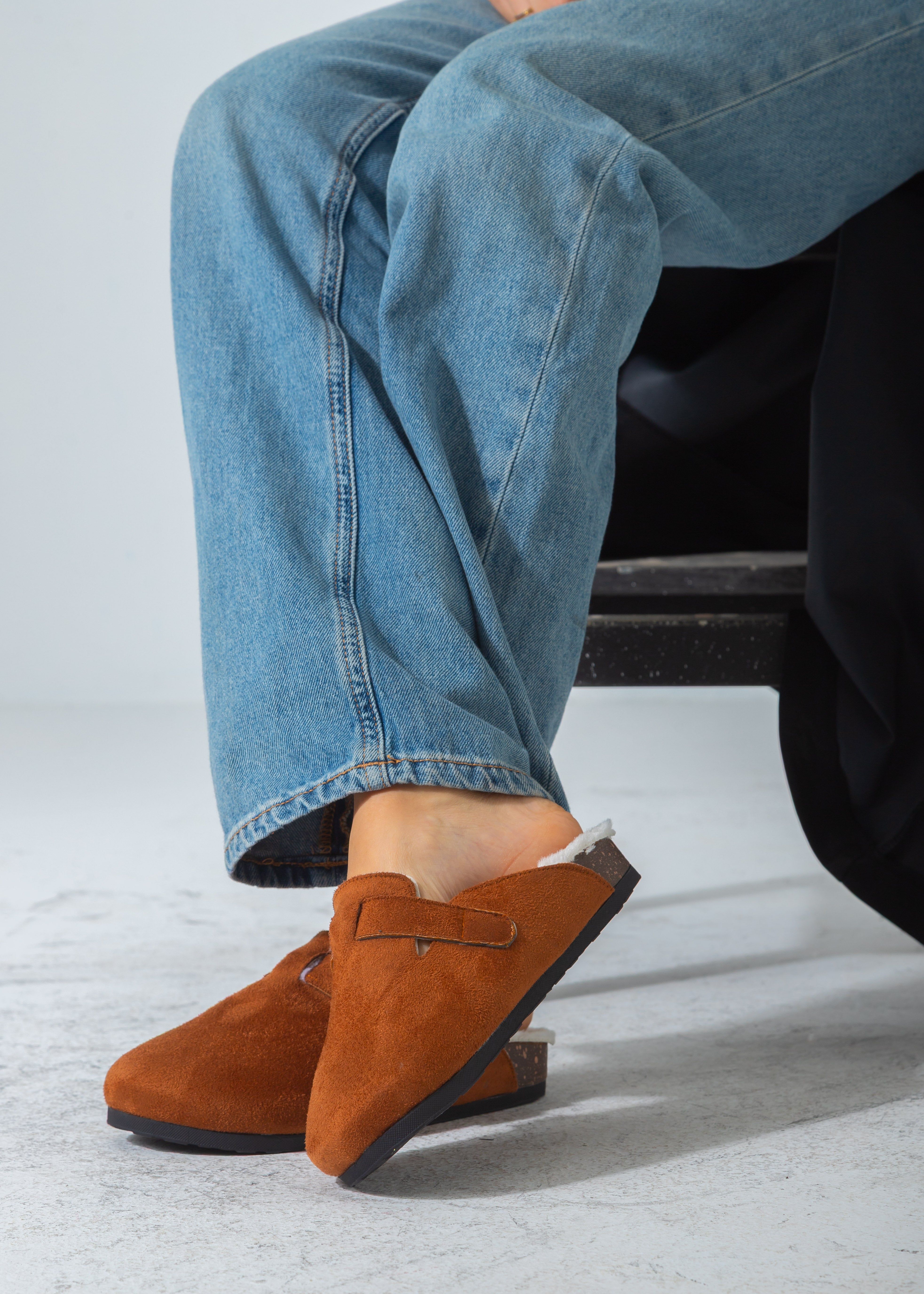 Suede Buckle Cork Footbed Clog-camel