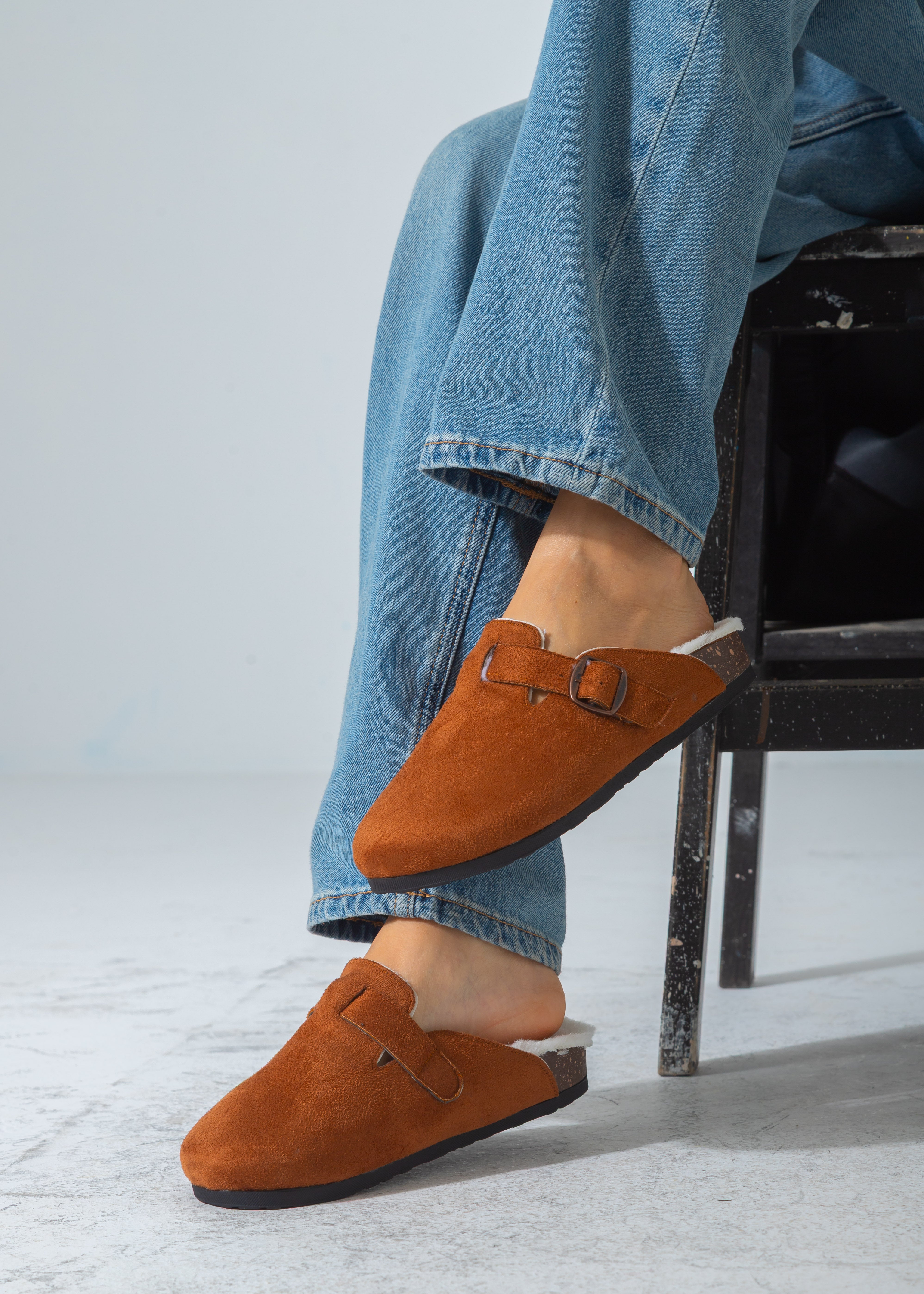 Suede Buckle Cork Footbed Clog-camel