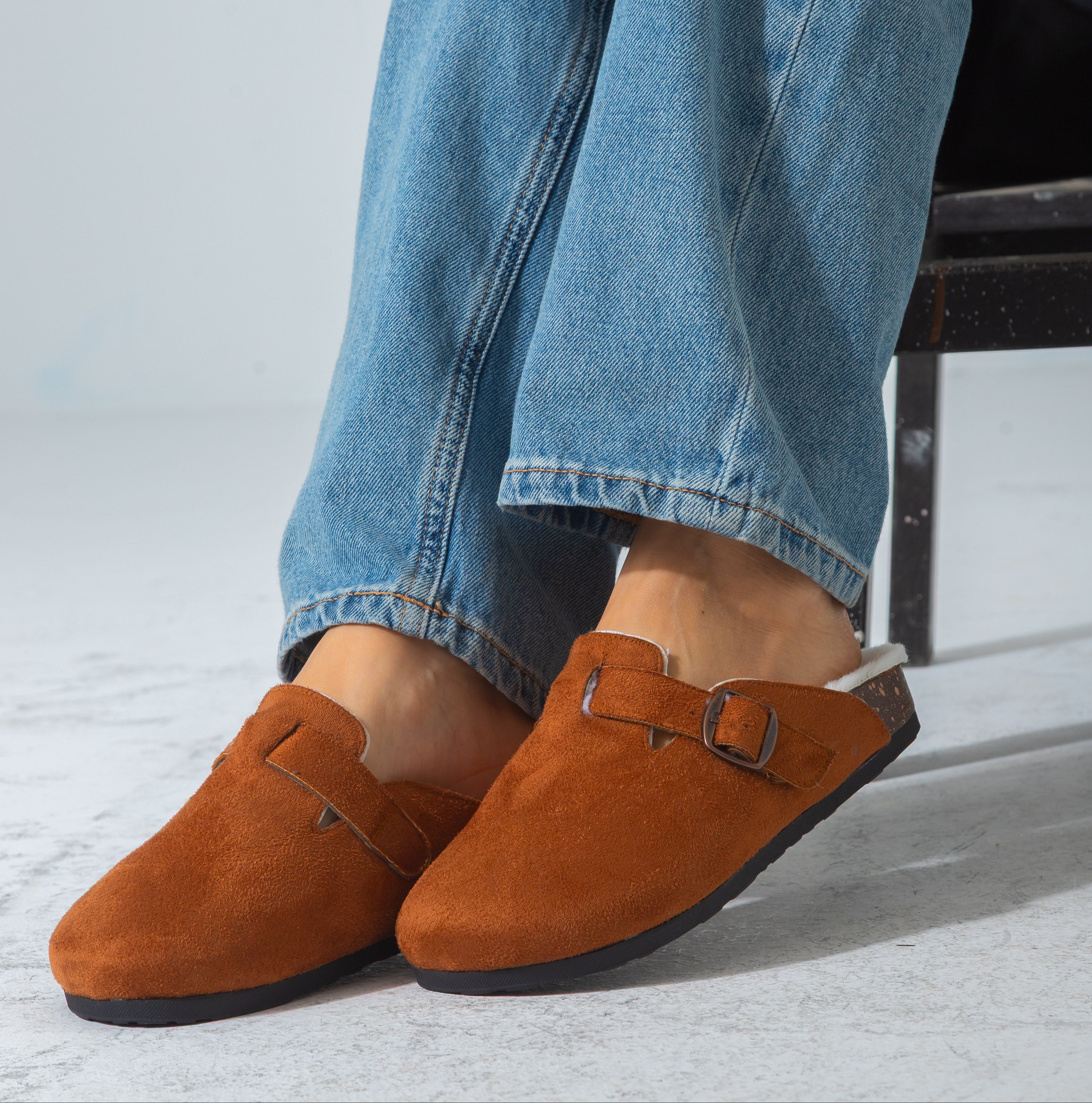 Suede Buckle Cork Footbed Clog-camel