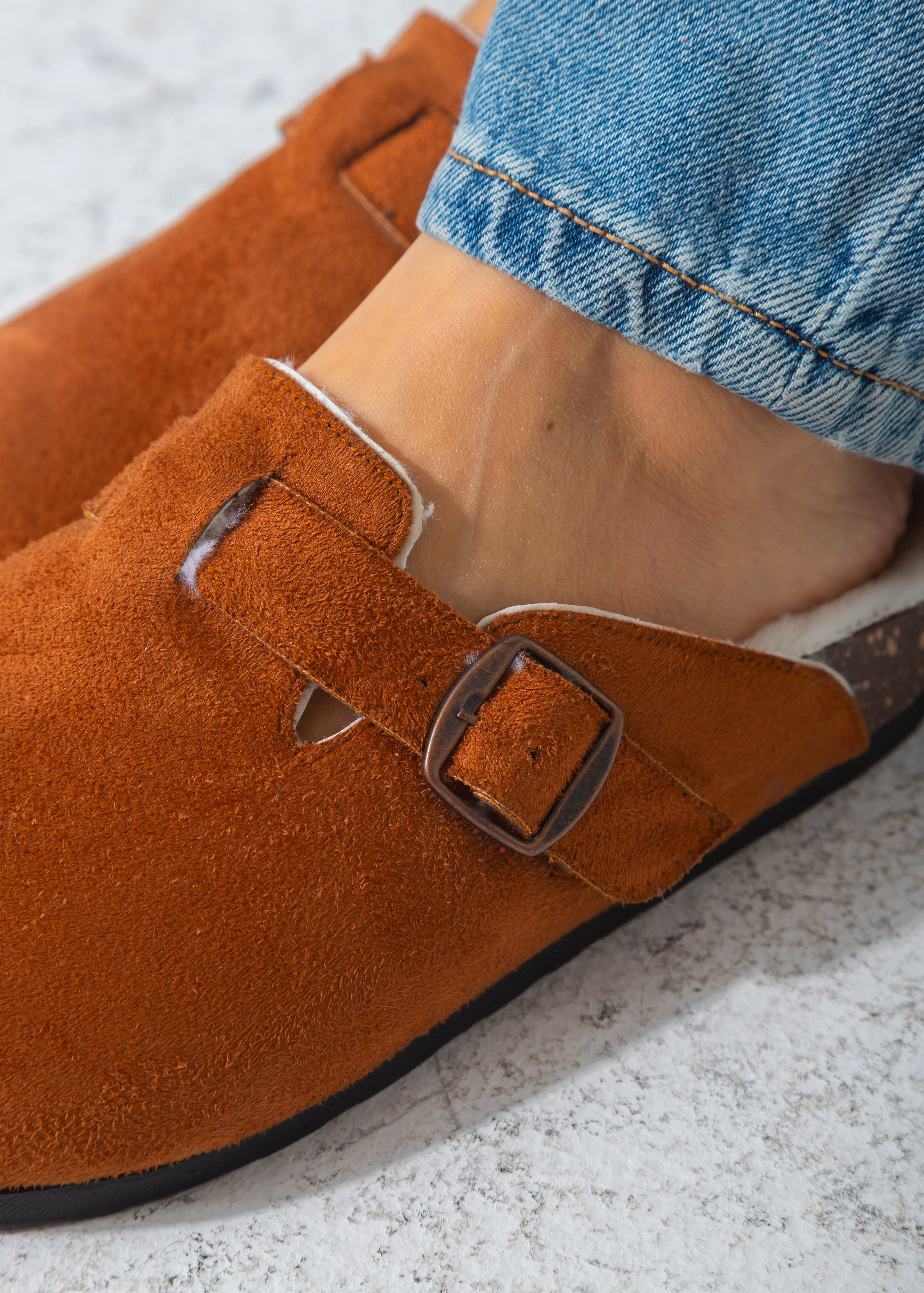 Suede Buckle Cork Footbed Clog-camel