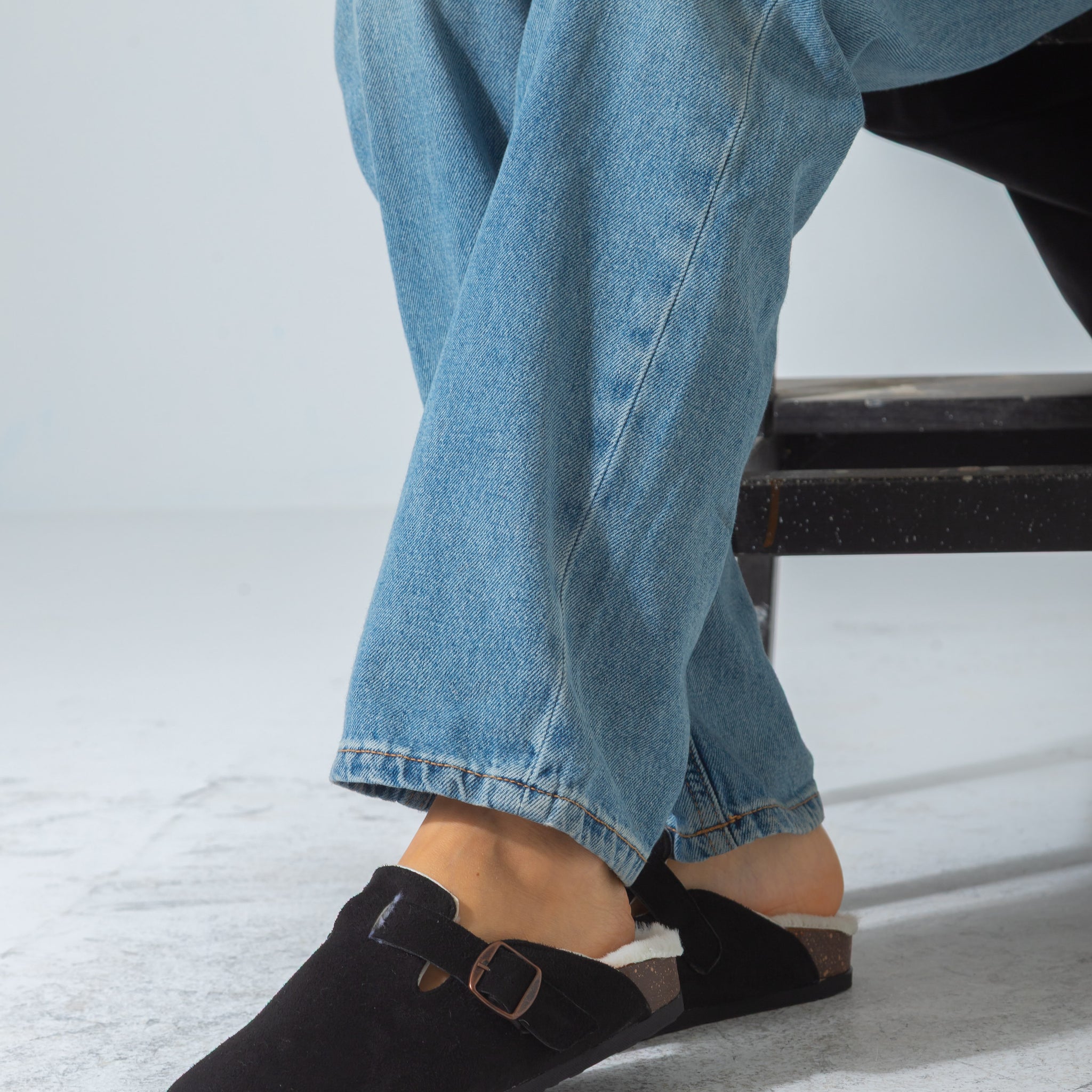 Suede Buckle Cork Footbed Clog-black