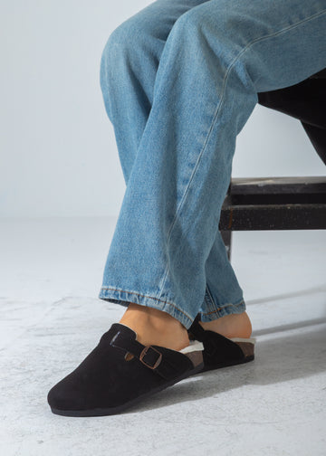 Suede Buckle Cork Footbed Clog-black