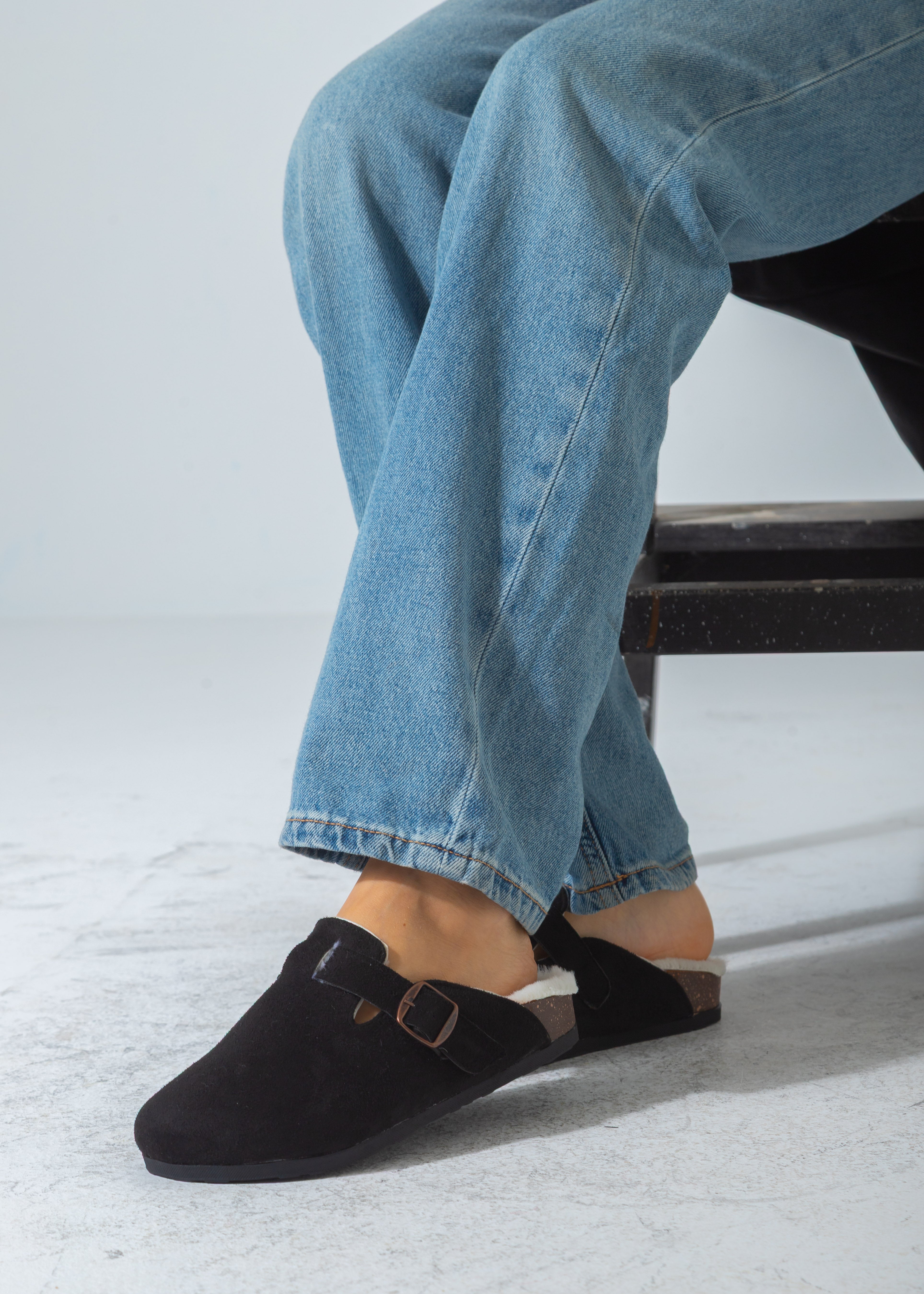 Suede Buckle Cork Footbed Clog-black