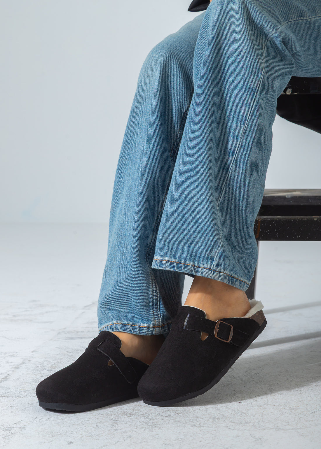 Suede Buckle Cork Footbed Clog-black