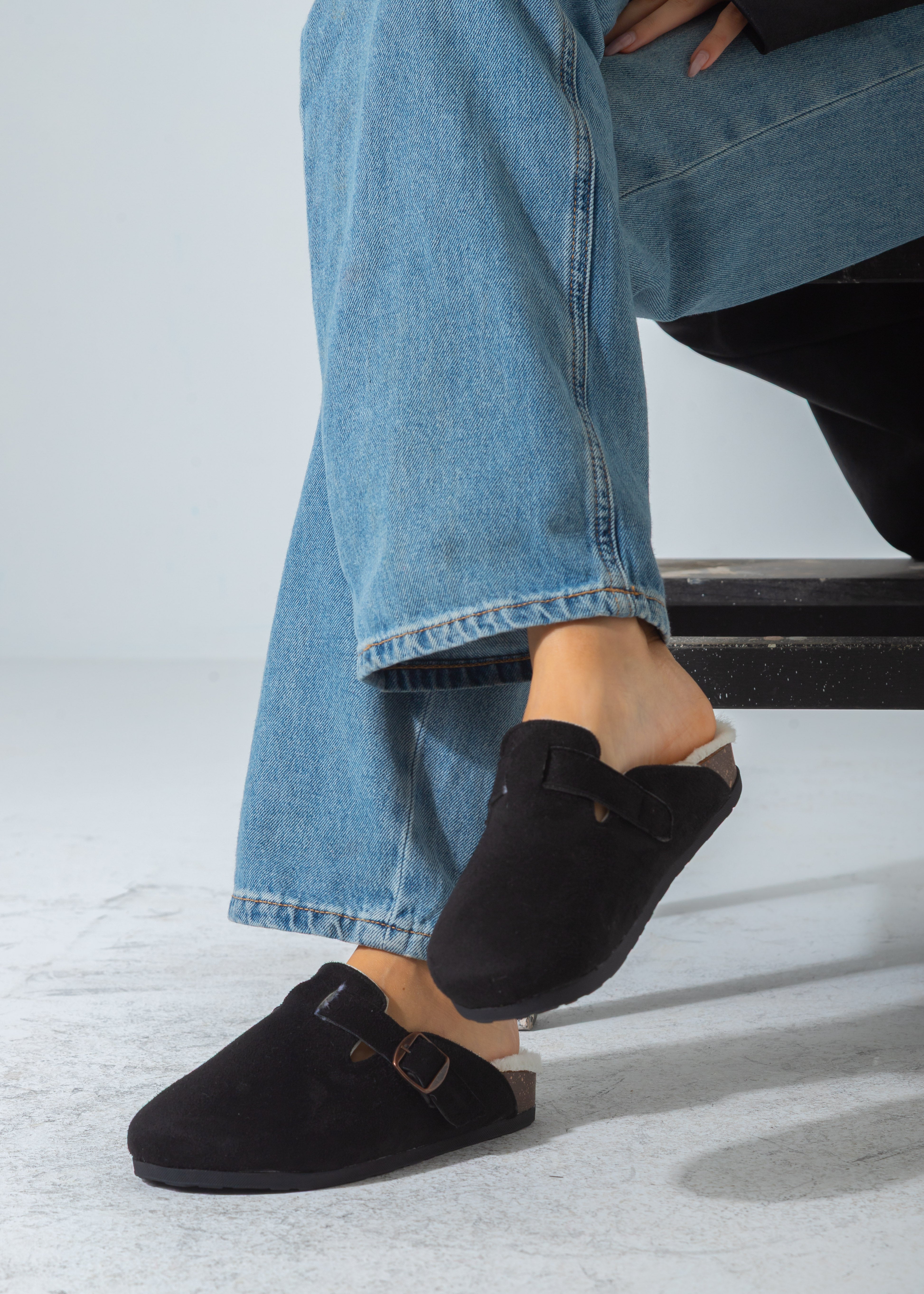 Suede Buckle Cork Footbed Clog-black