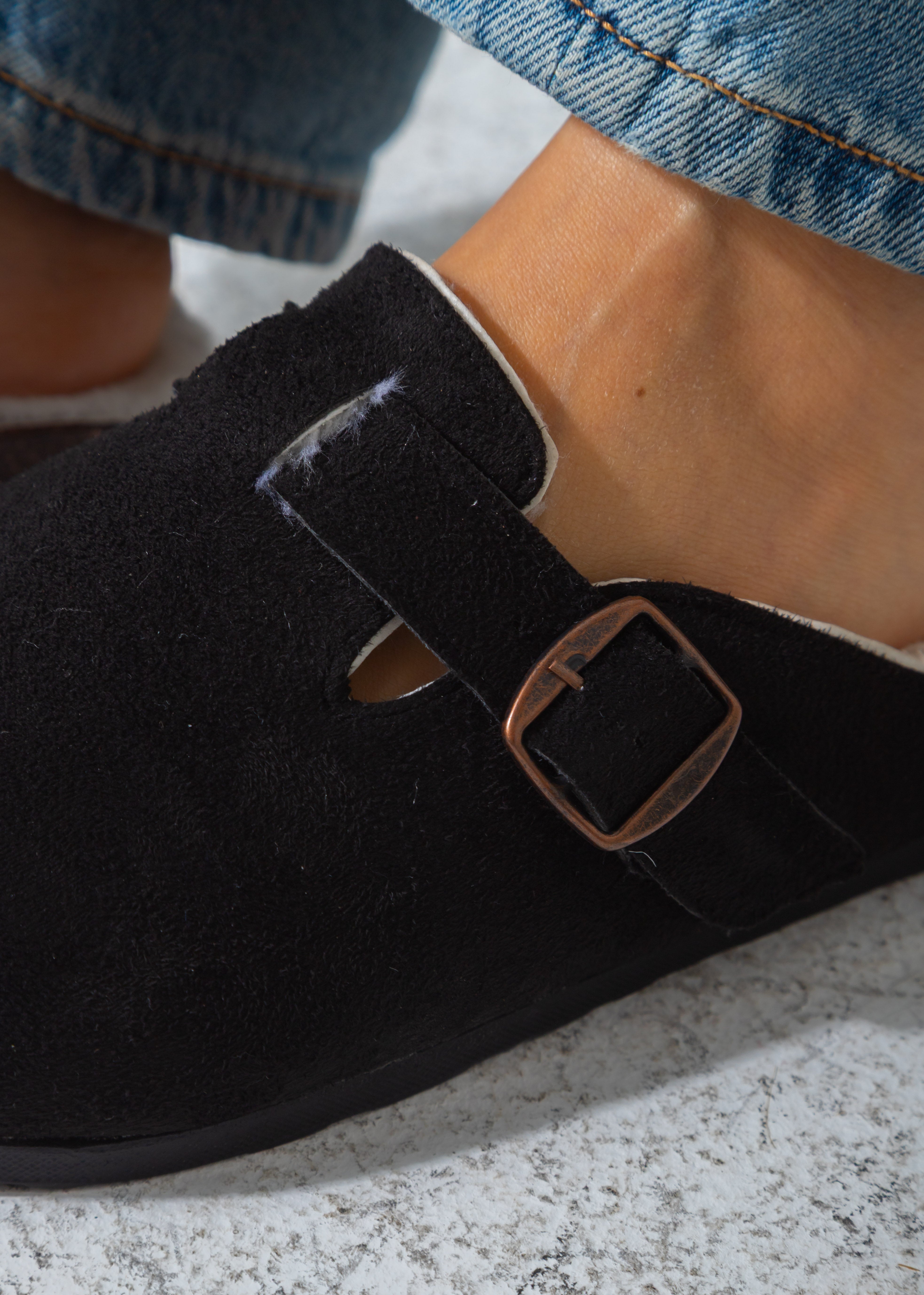 Suede Buckle Cork Footbed Clog-black