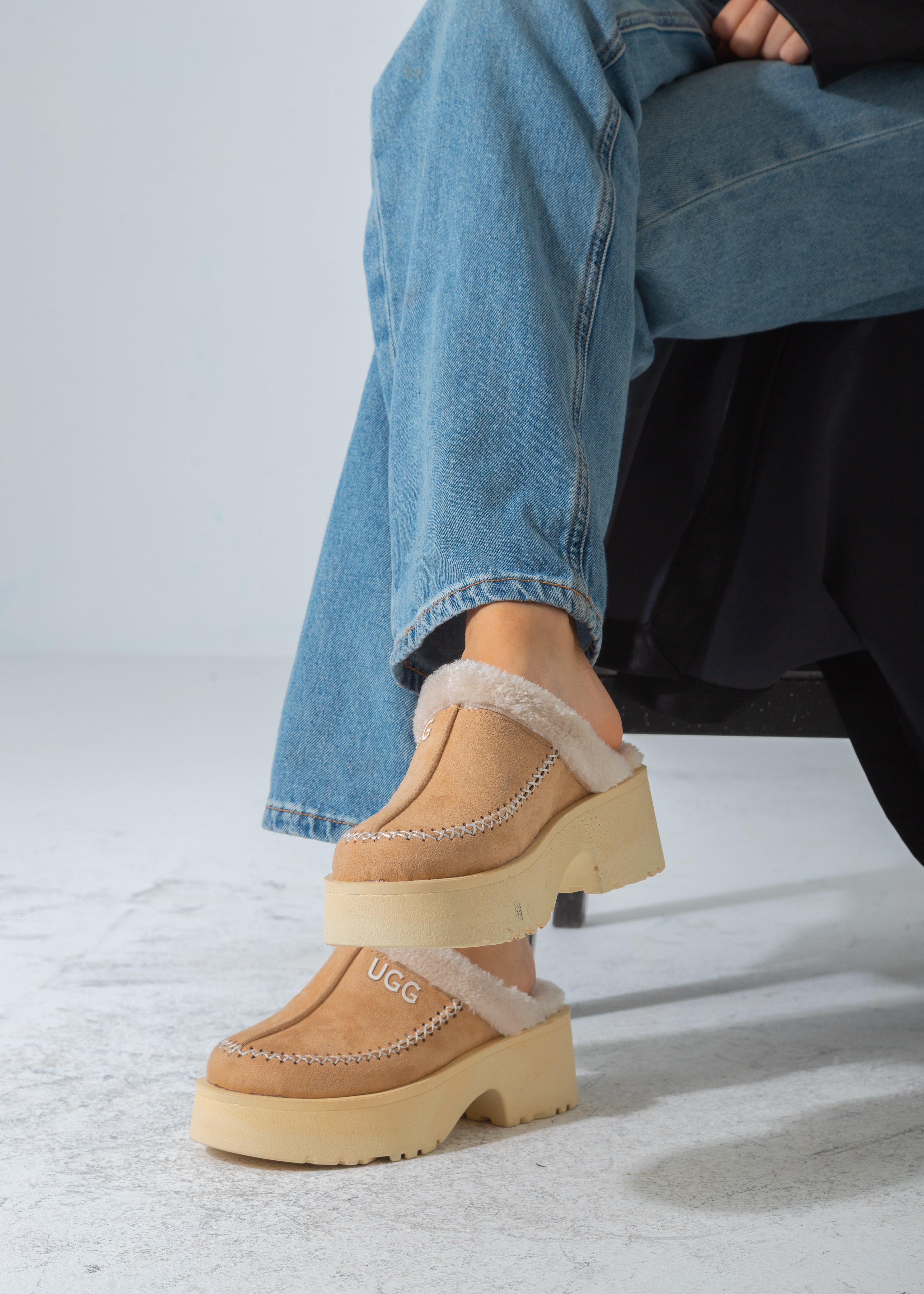 Suede Shearling-Lined Platform Clog-beige