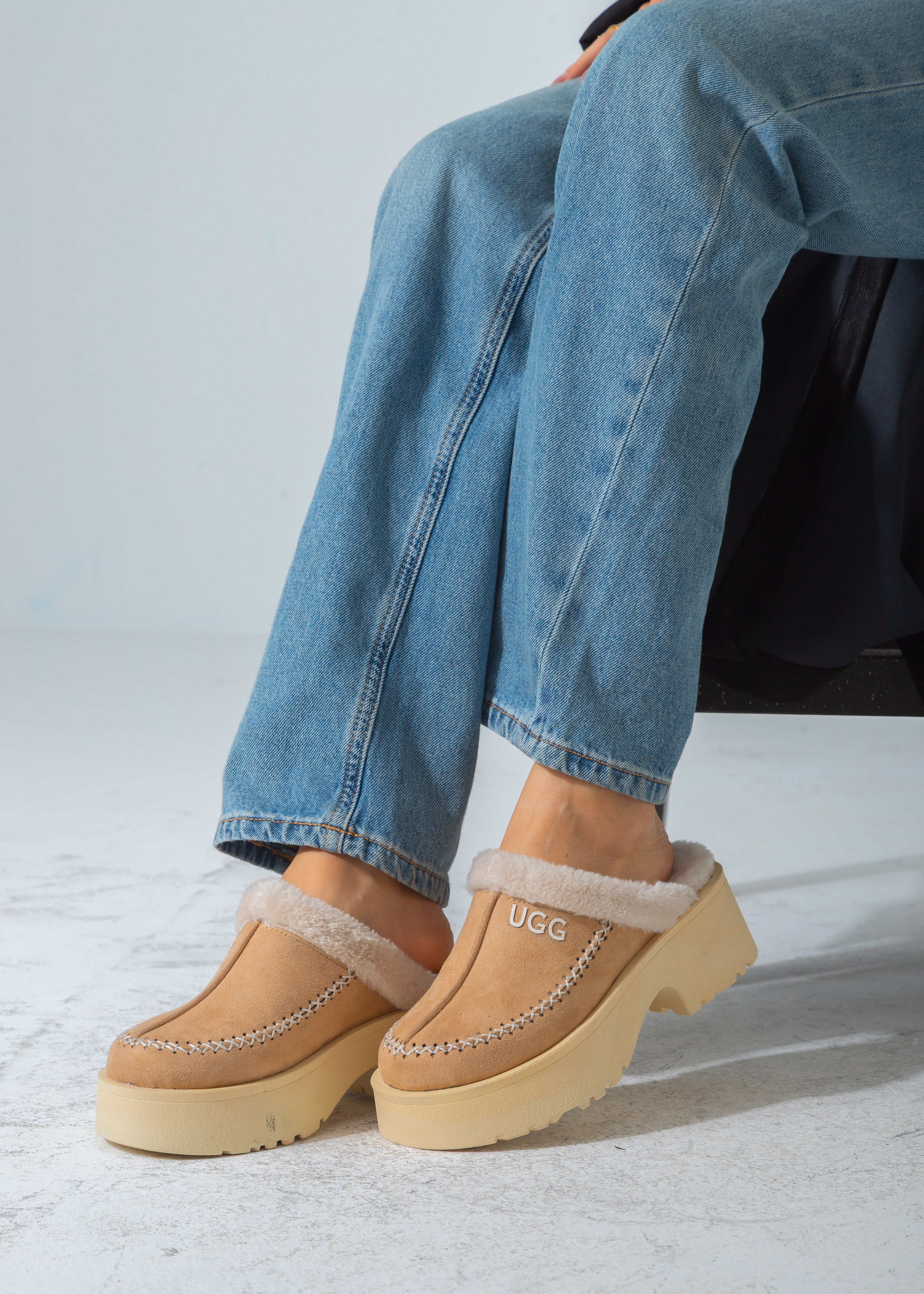 Suede Shearling-Lined Platform Clog-beige