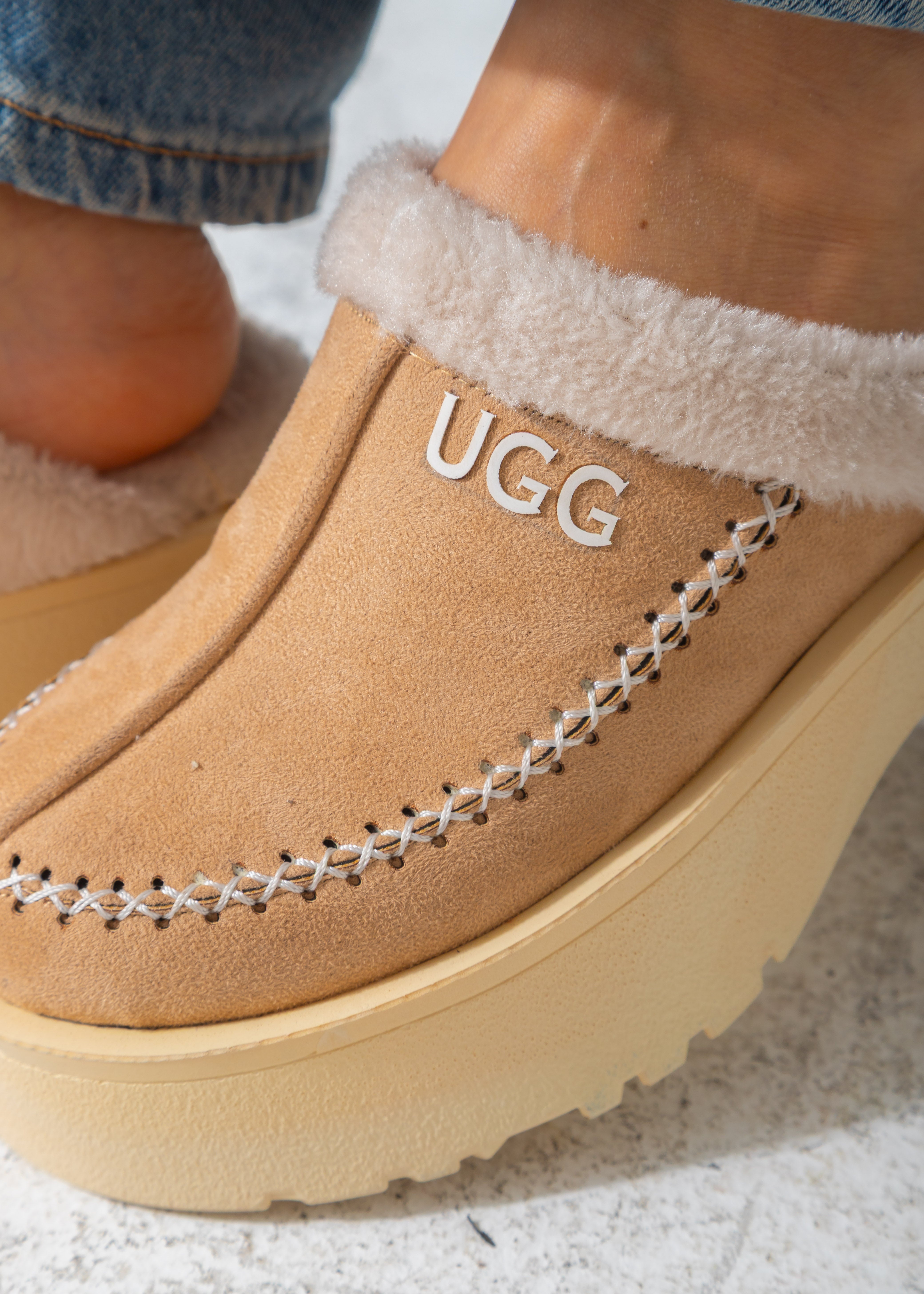 Suede Shearling-Lined Platform Clog-beige