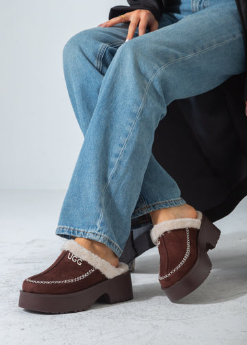 Suede Shearling-Lined Platform Clog-brown