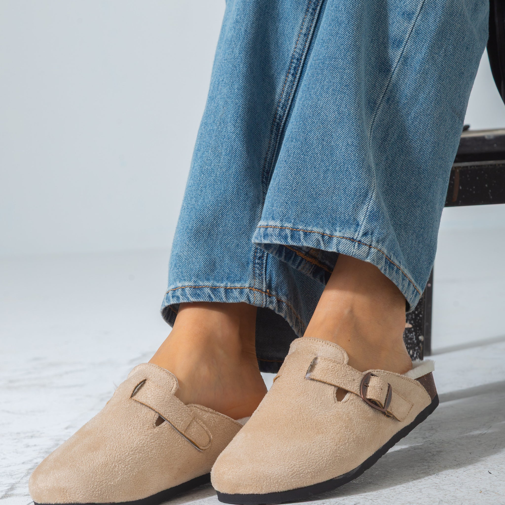 Suede Buckle Cork Footbed Clog-beige