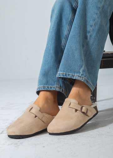 Suede Buckle Cork Footbed Clog-beige