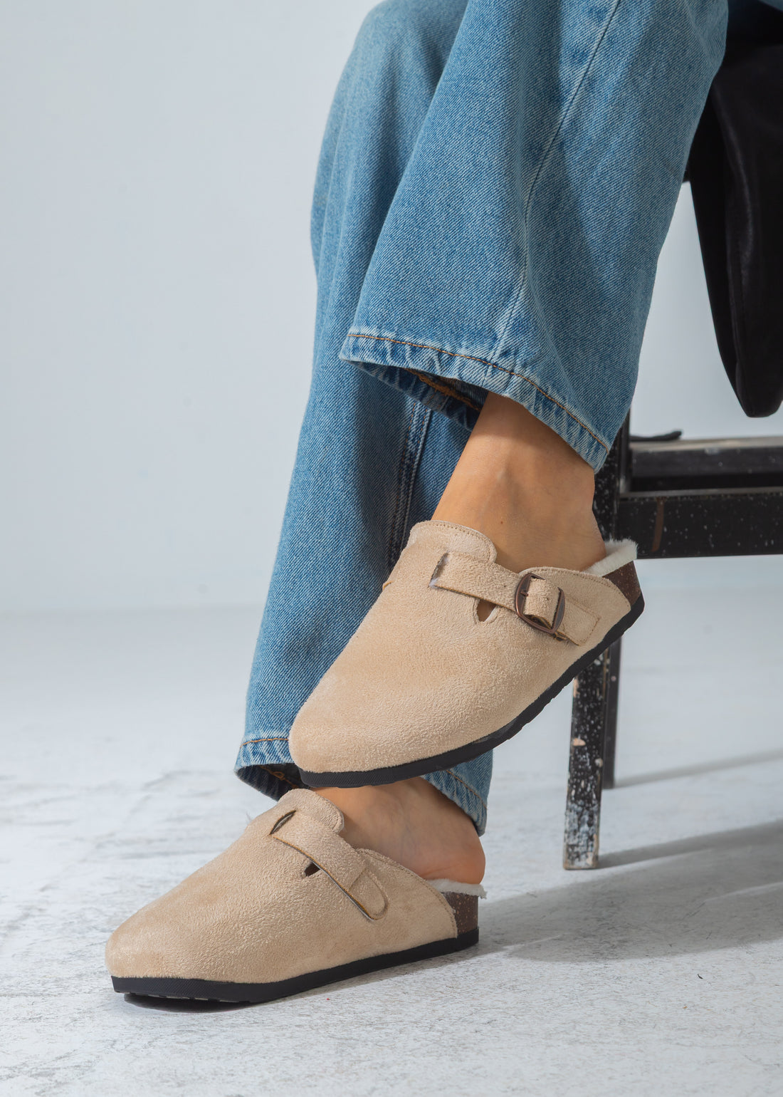 Suede Buckle Cork Footbed Clog-beige
