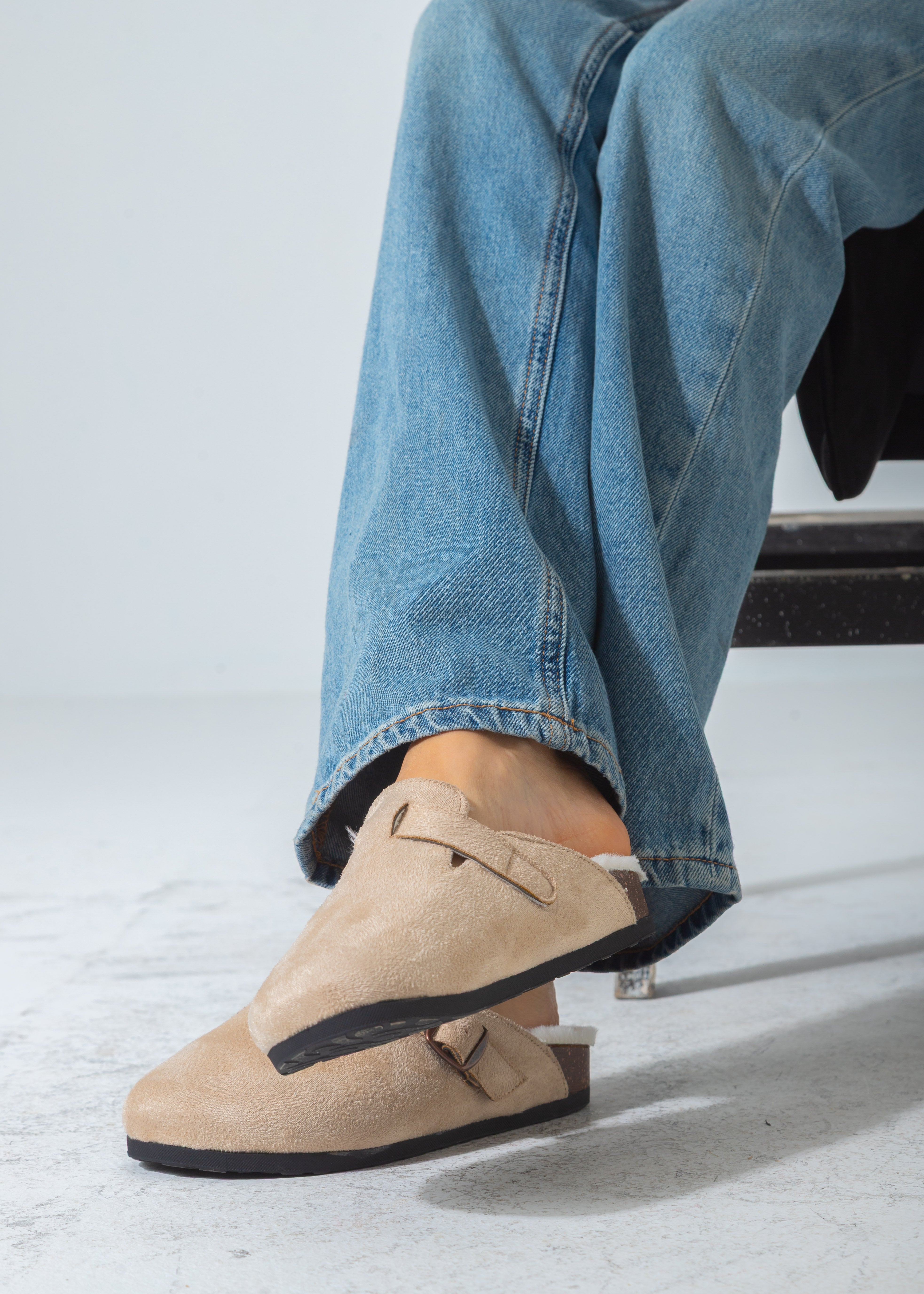 Suede Buckle Cork Footbed Clog-beige