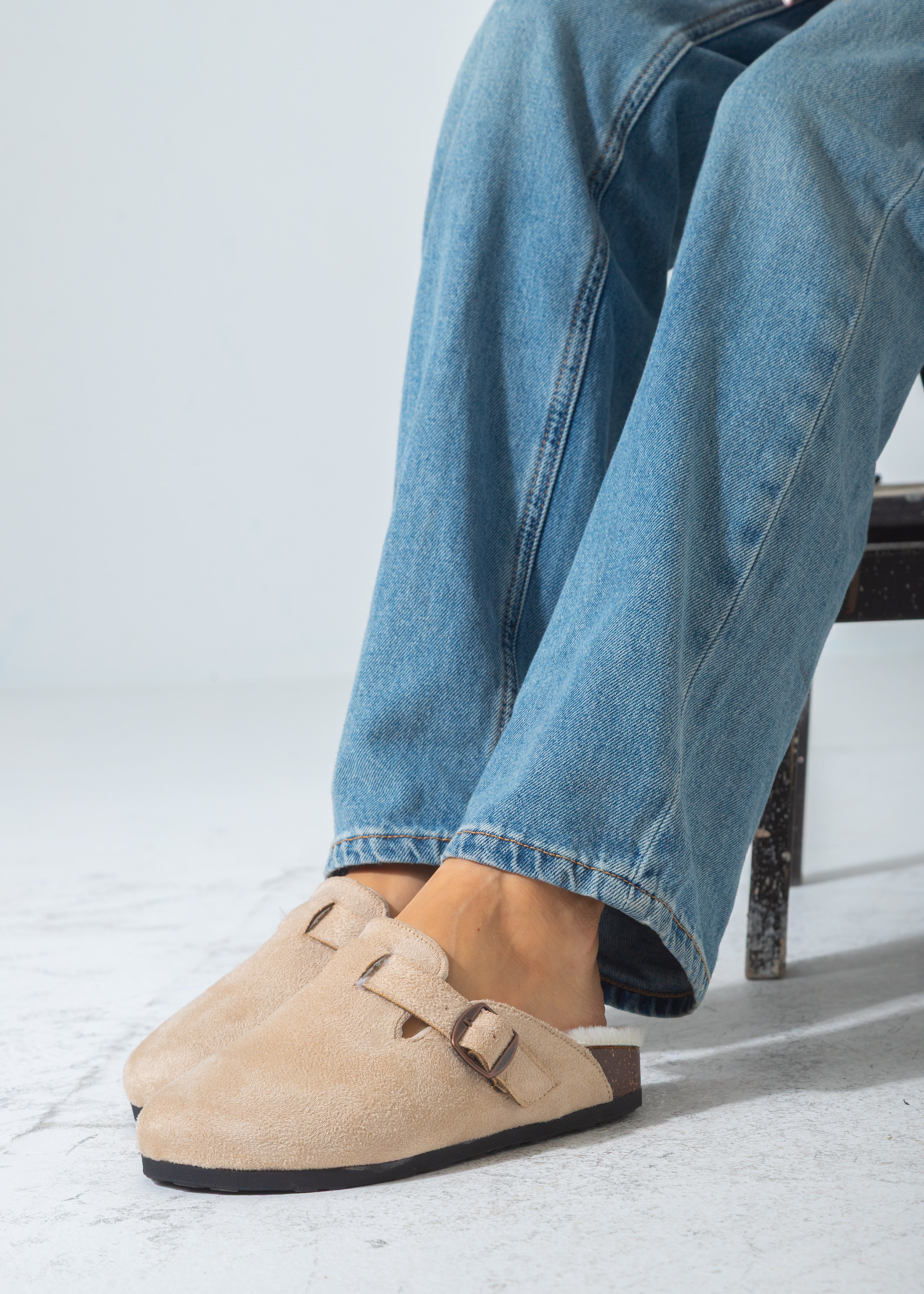 Suede Buckle Cork Footbed Clog-beige