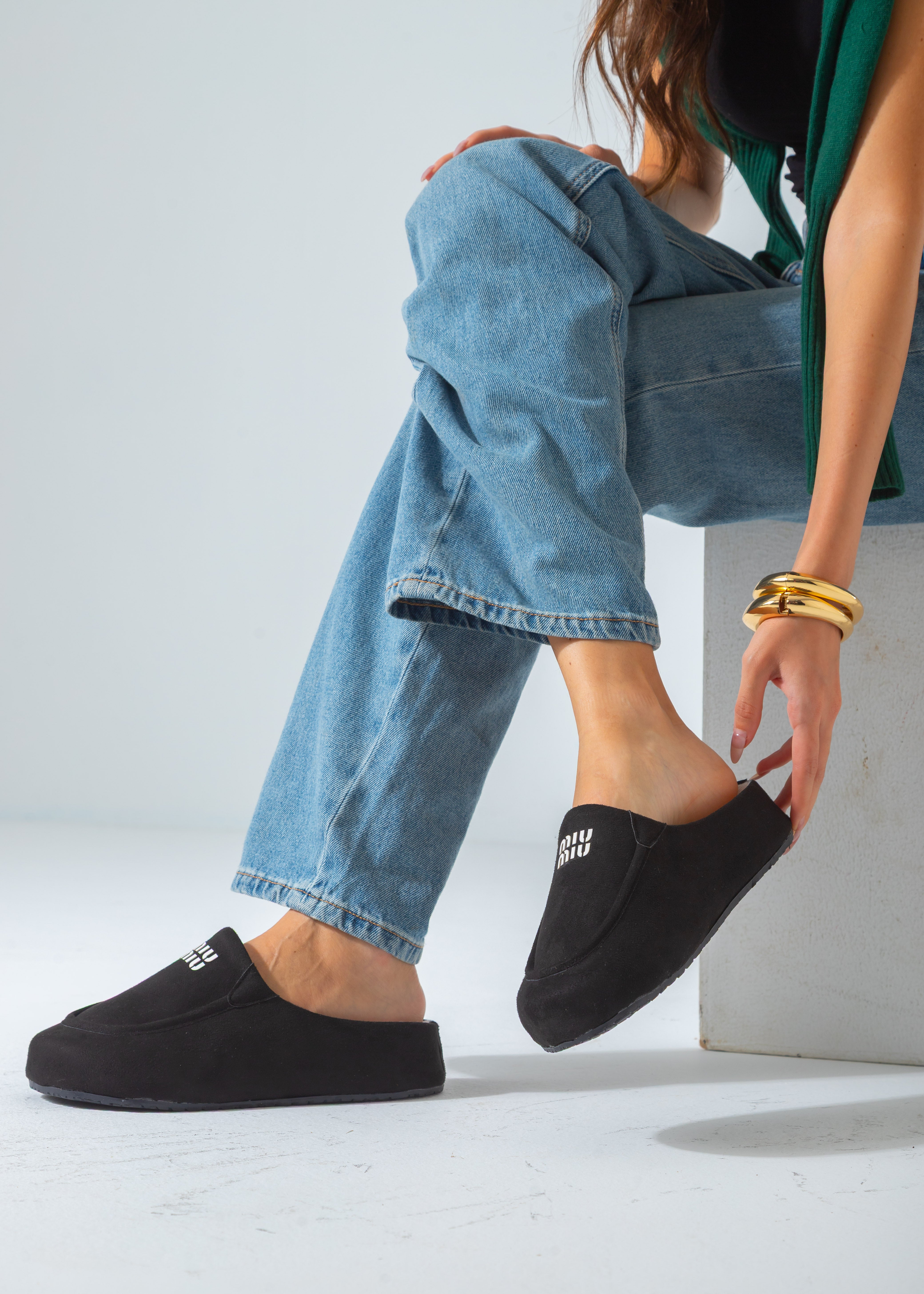Suede Suede Moccasin Backless Clogs-black
