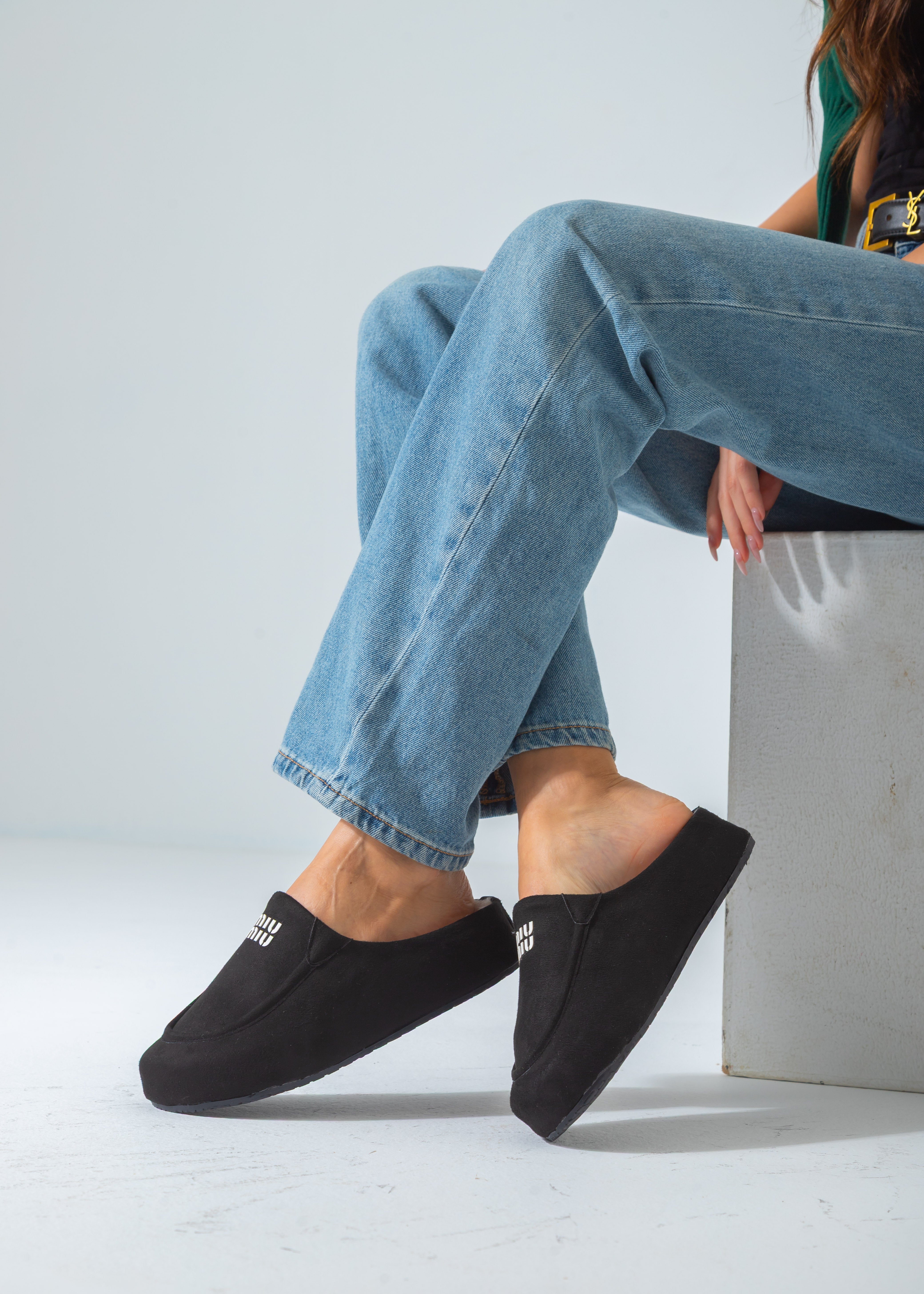 Suede Suede Moccasin Backless Clogs-black