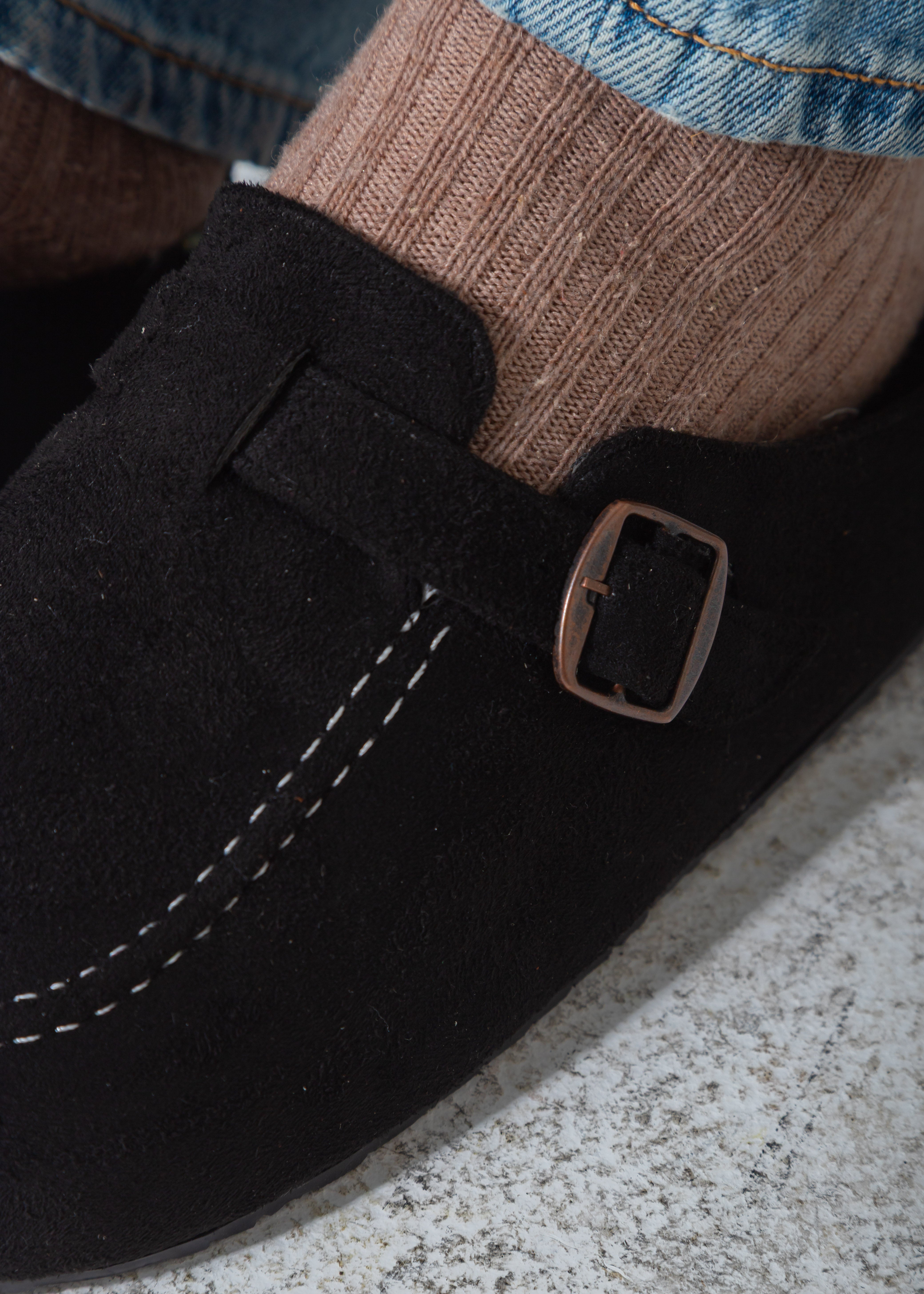 Suede Moc Toe Buckle Clog-black