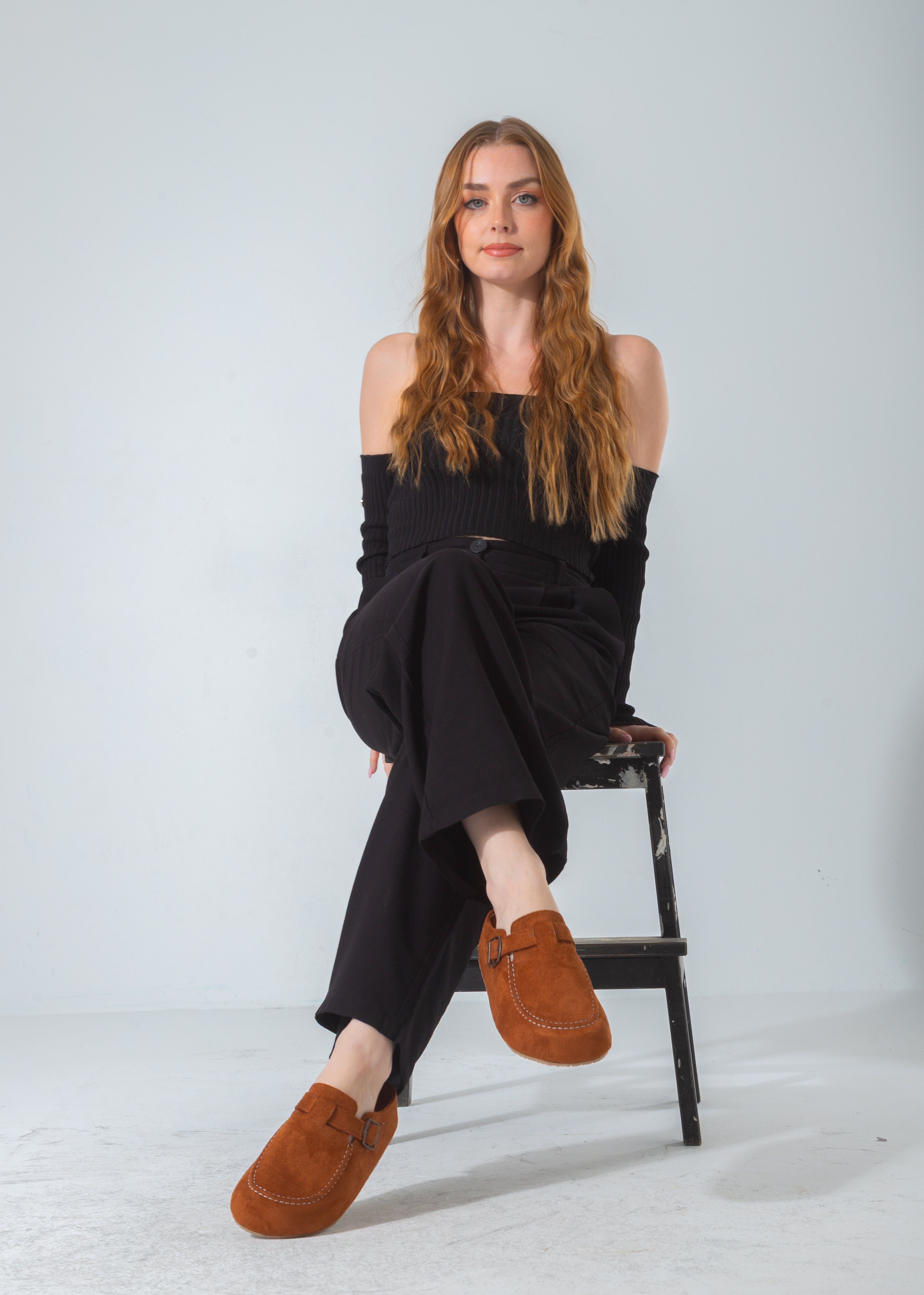 Suede Moc Toe Buckle Clog-camel