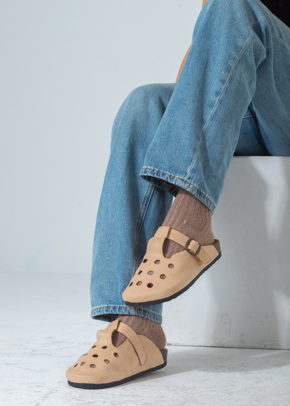 Perforated Buckle Clog-beige