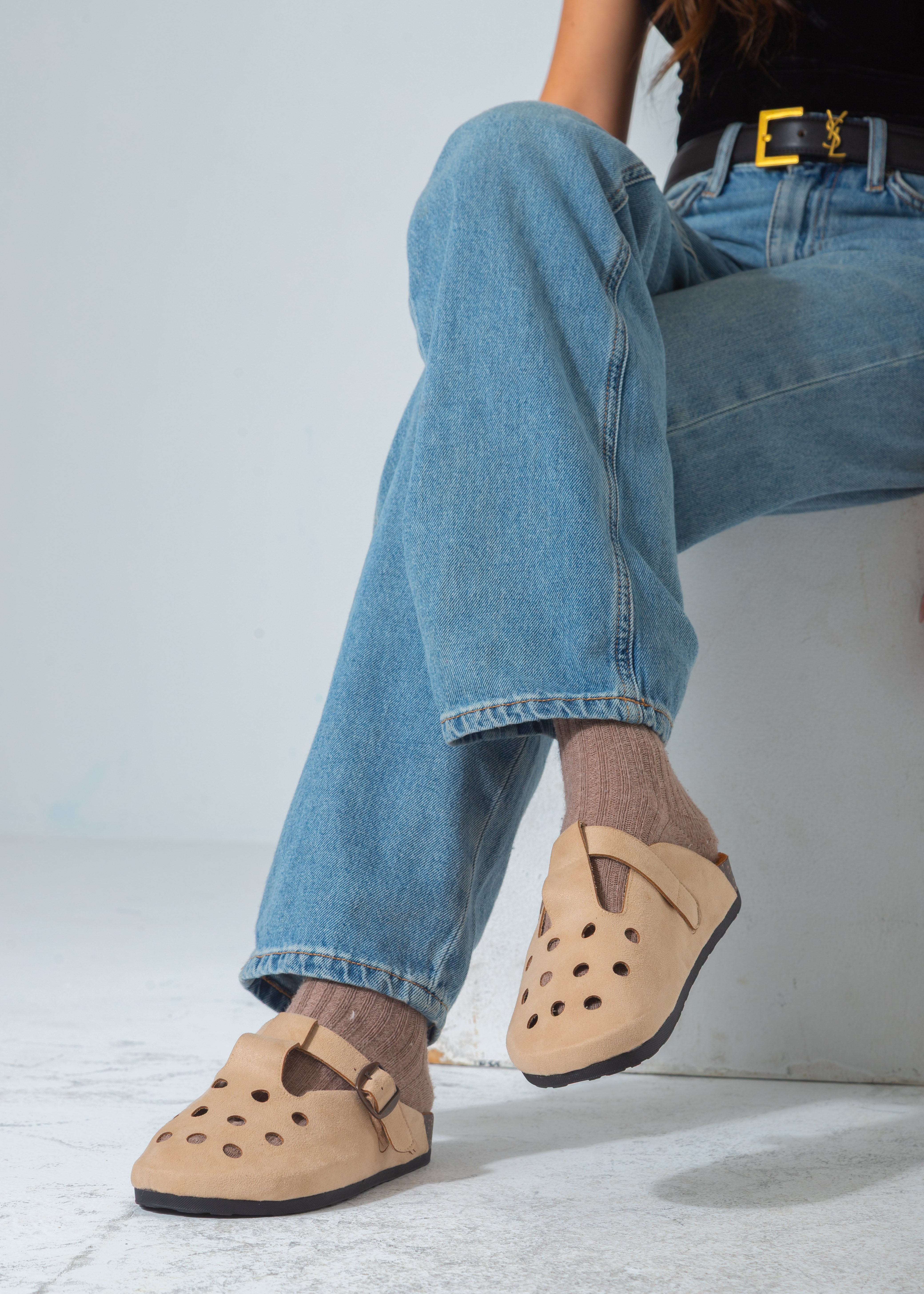 Perforated Buckle Clog-beige