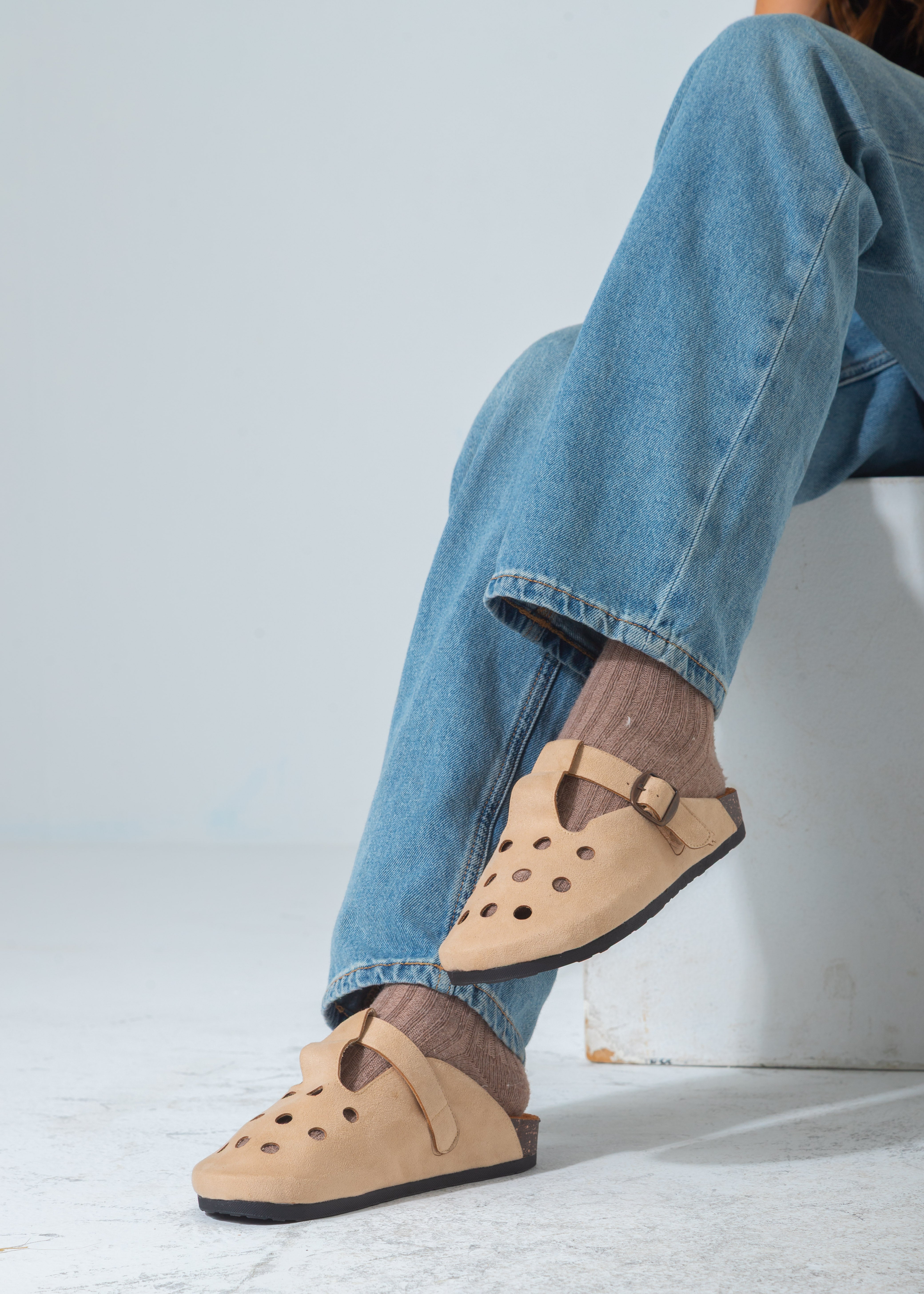 Perforated Buckle Clog-beige