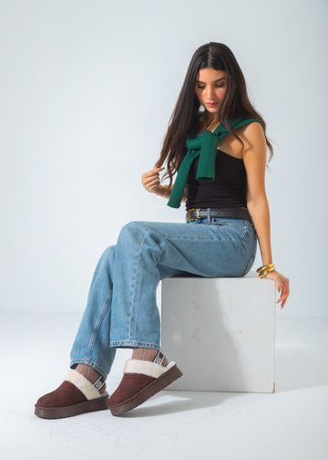 Elastic Strap Cozy Platform Clogs-brown