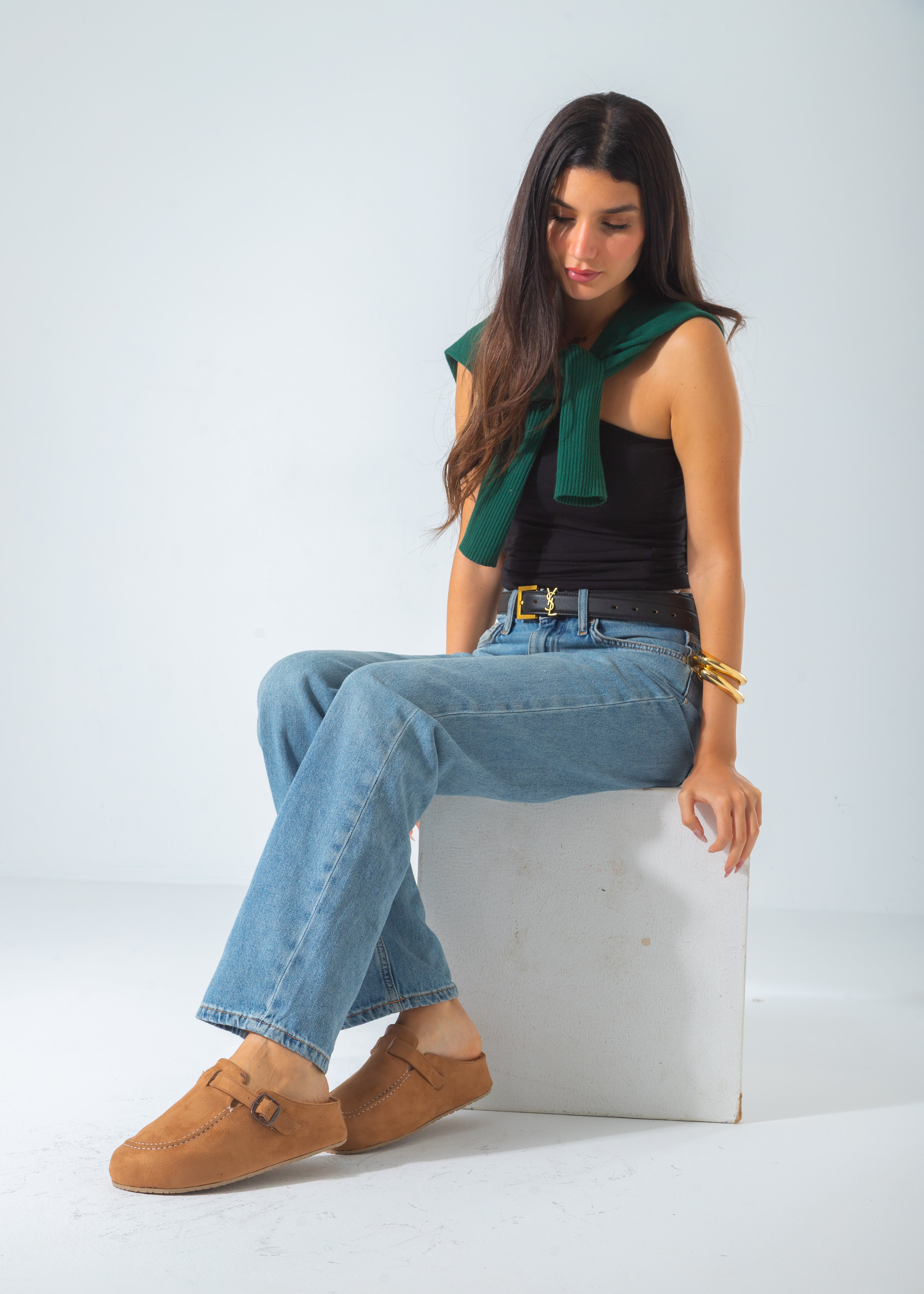 Suede Moc Toe Buckle Clog-cafe