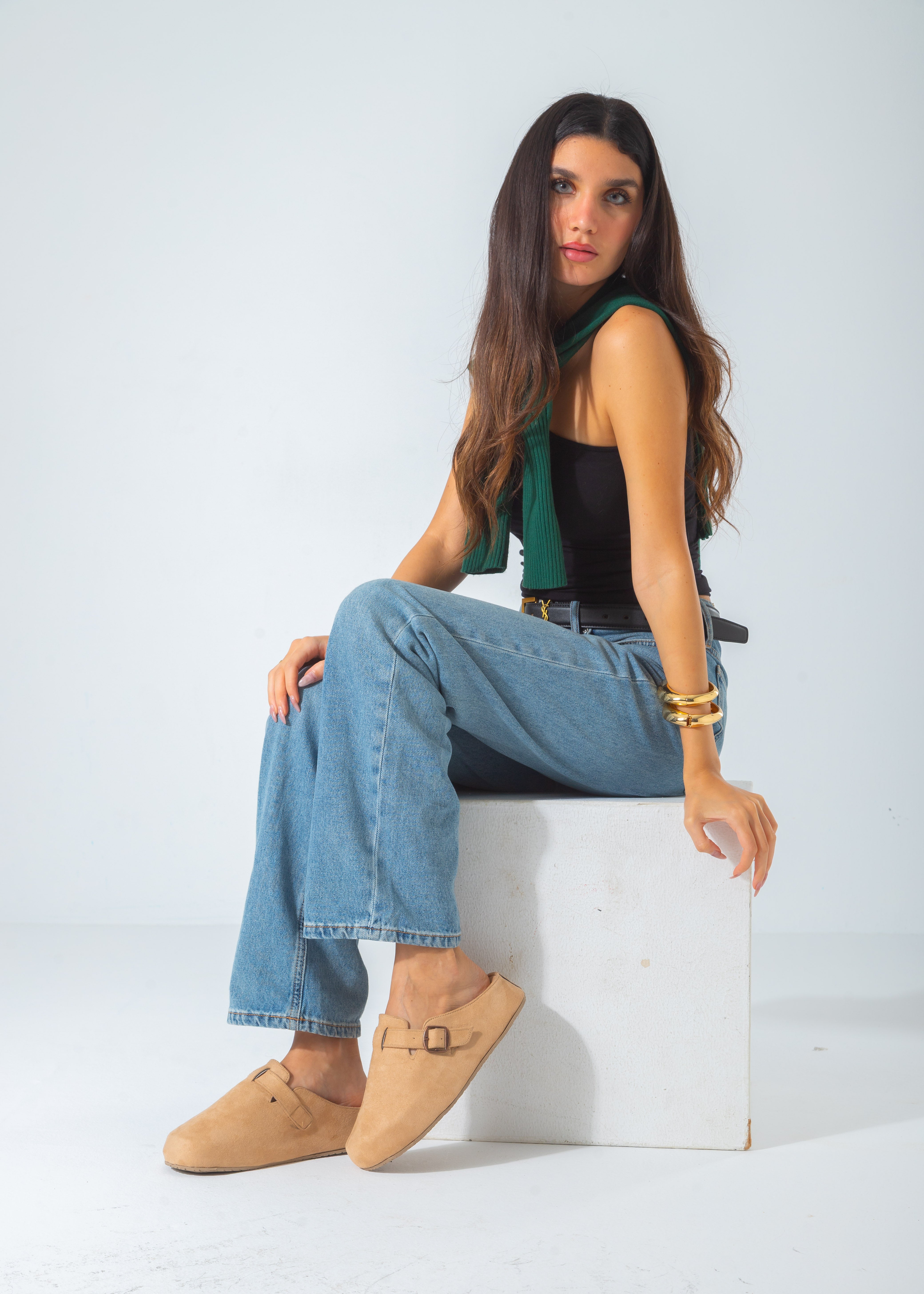 Suede Buckle Slip-On Mule Clogs-beige