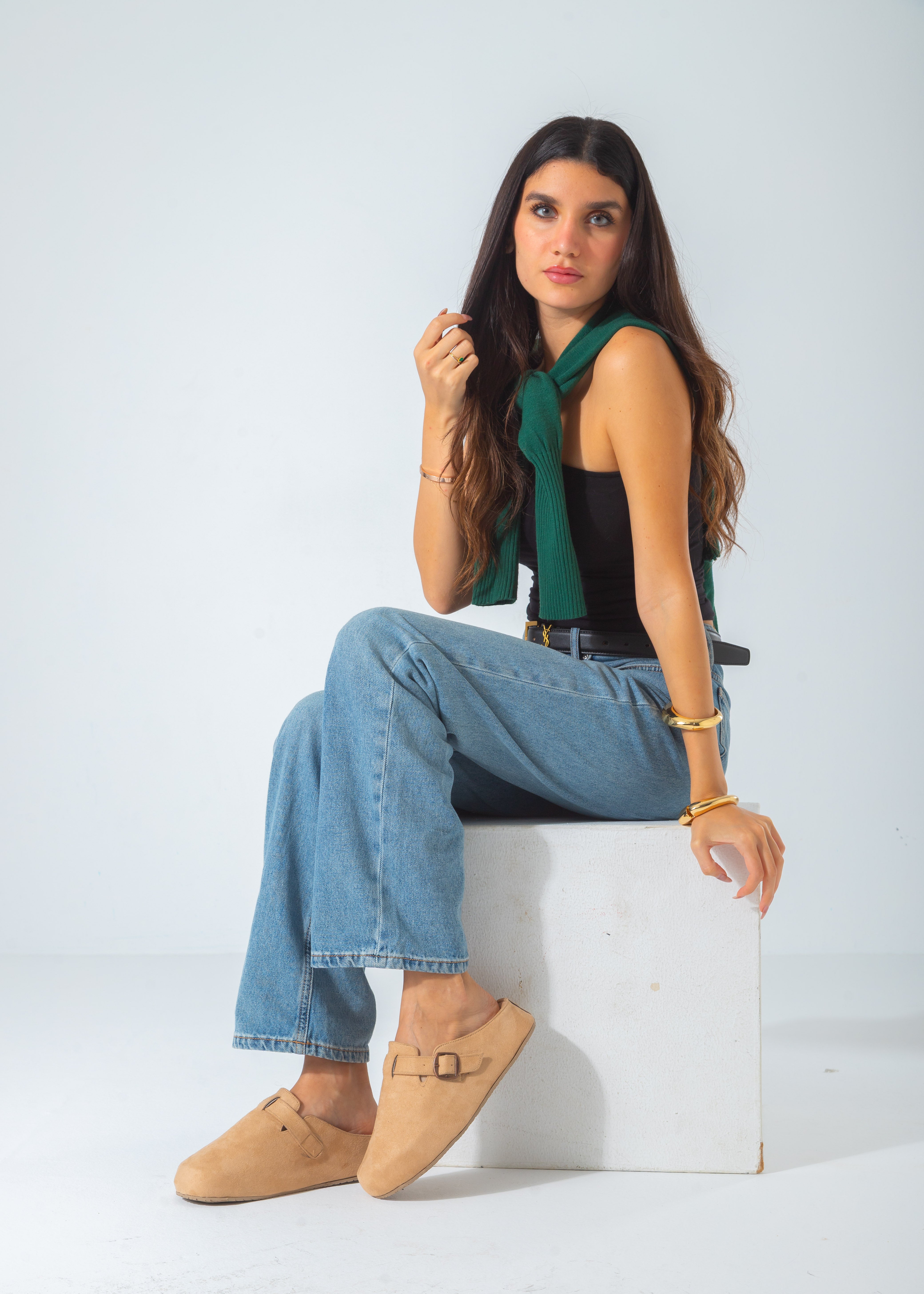 Suede Buckle Slip-On Mule Clogs-beige