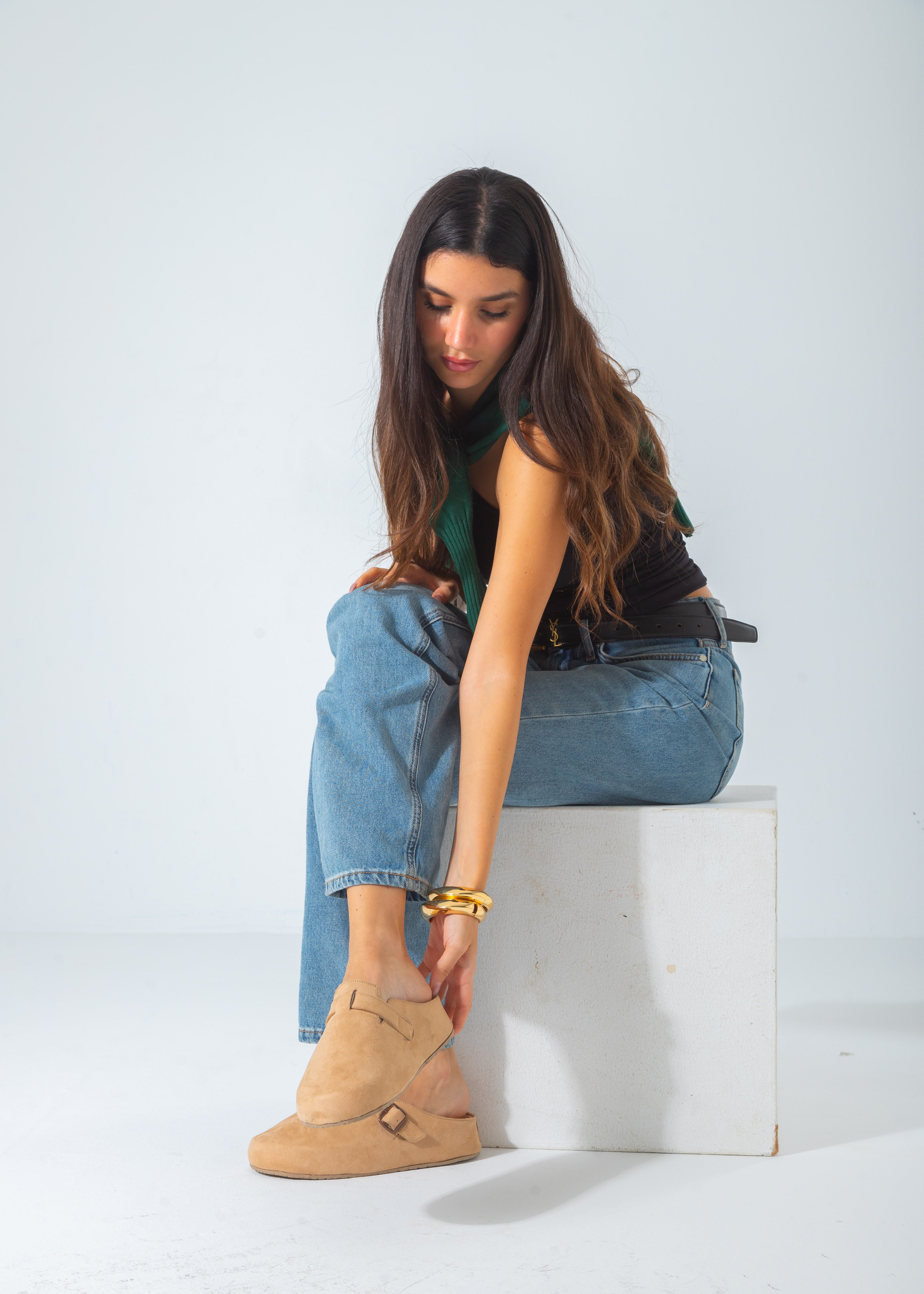 Suede Buckle Slip-On Mule Clogs-beige