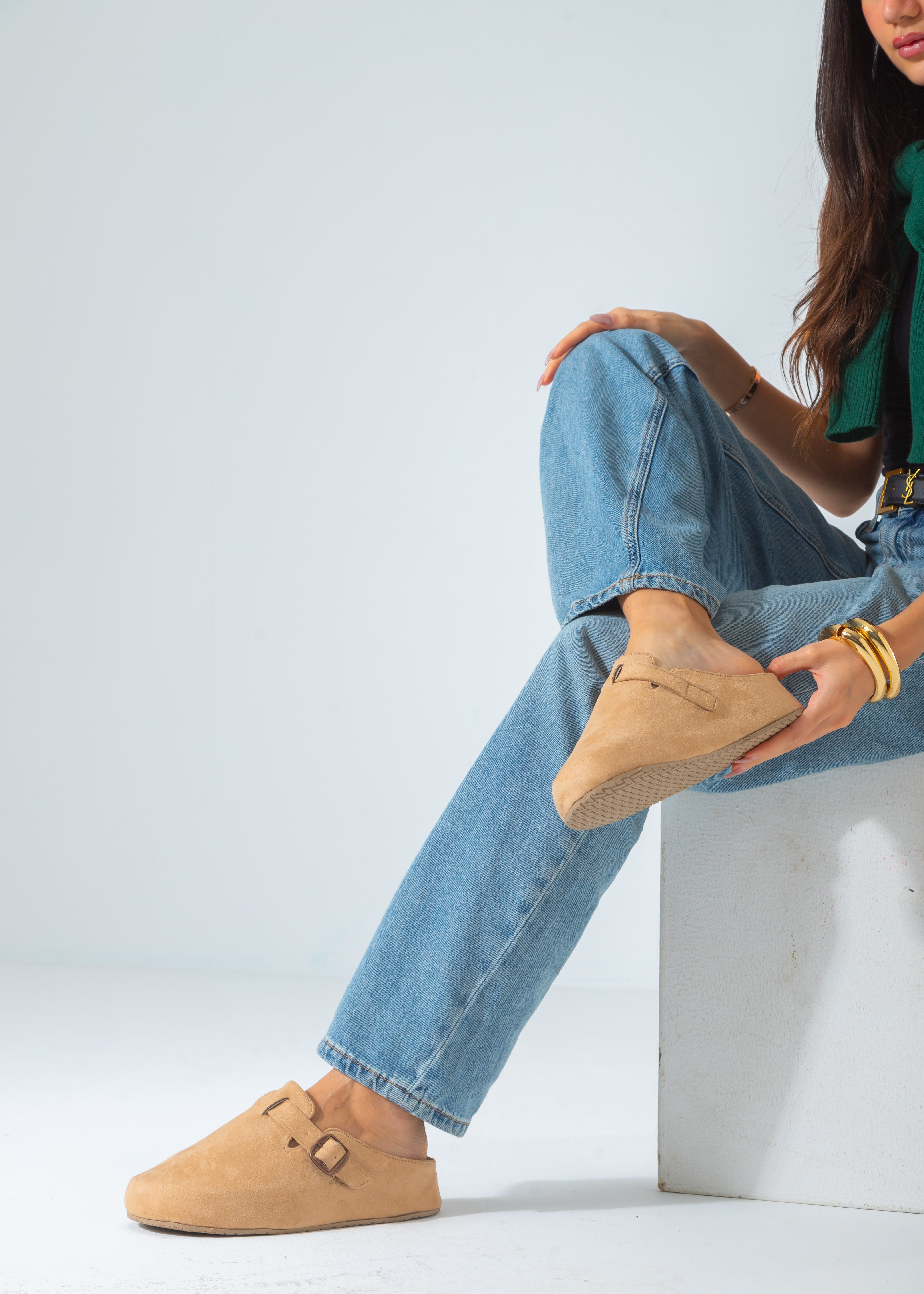 Suede Buckle Slip-On Mule Clogs-beige