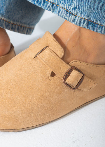 Suede Buckle Slip-On Mule Clogs-beige