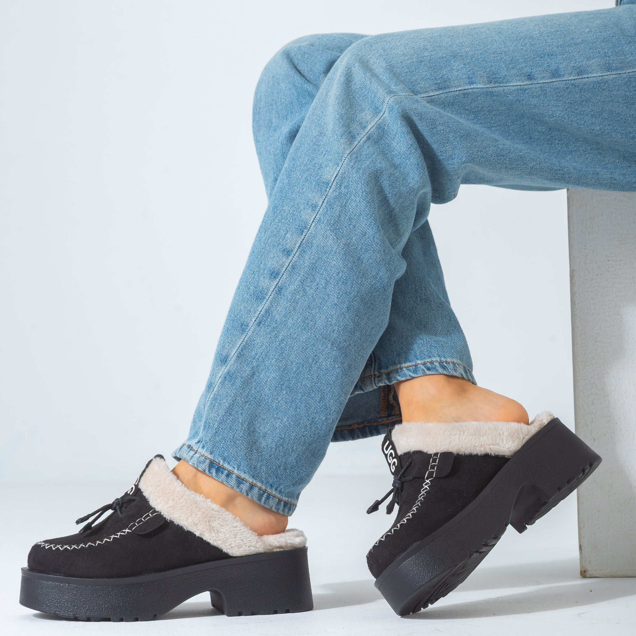 Lace-Up Moccasin Platform Clog-black