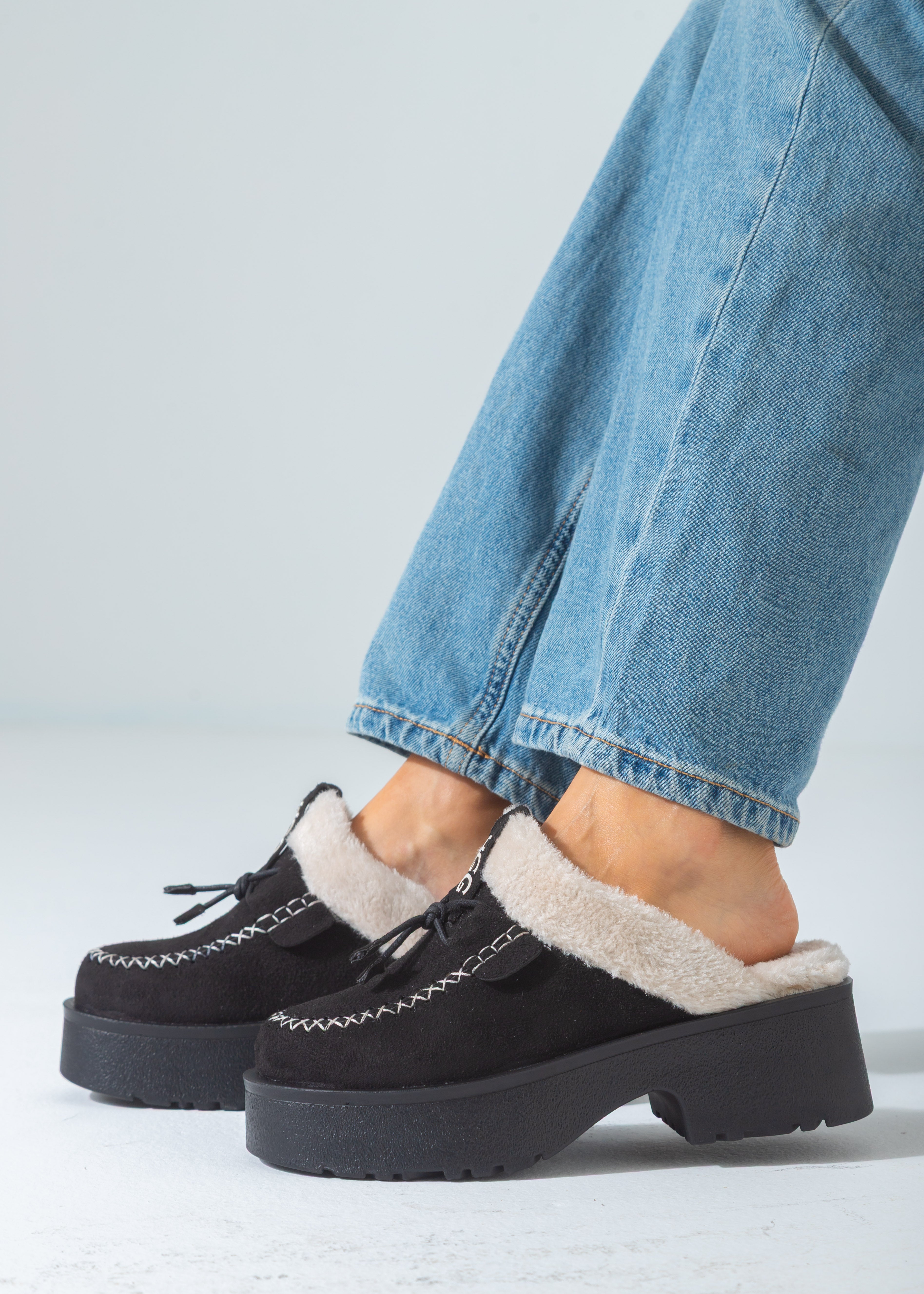 Lace-Up Moccasin Platform Clog-black