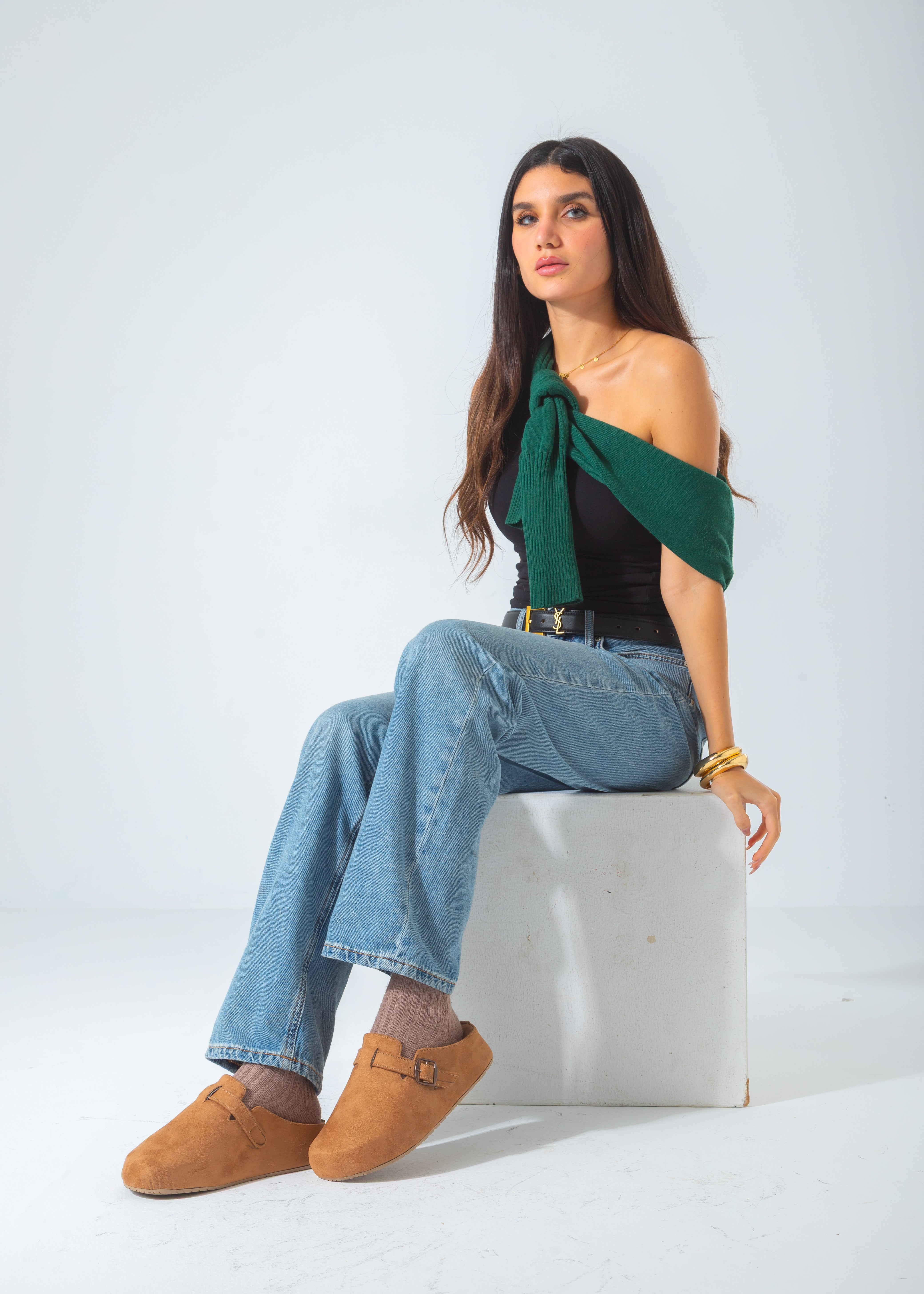 Suede Buckle Slip-On Mule Clogs-camel